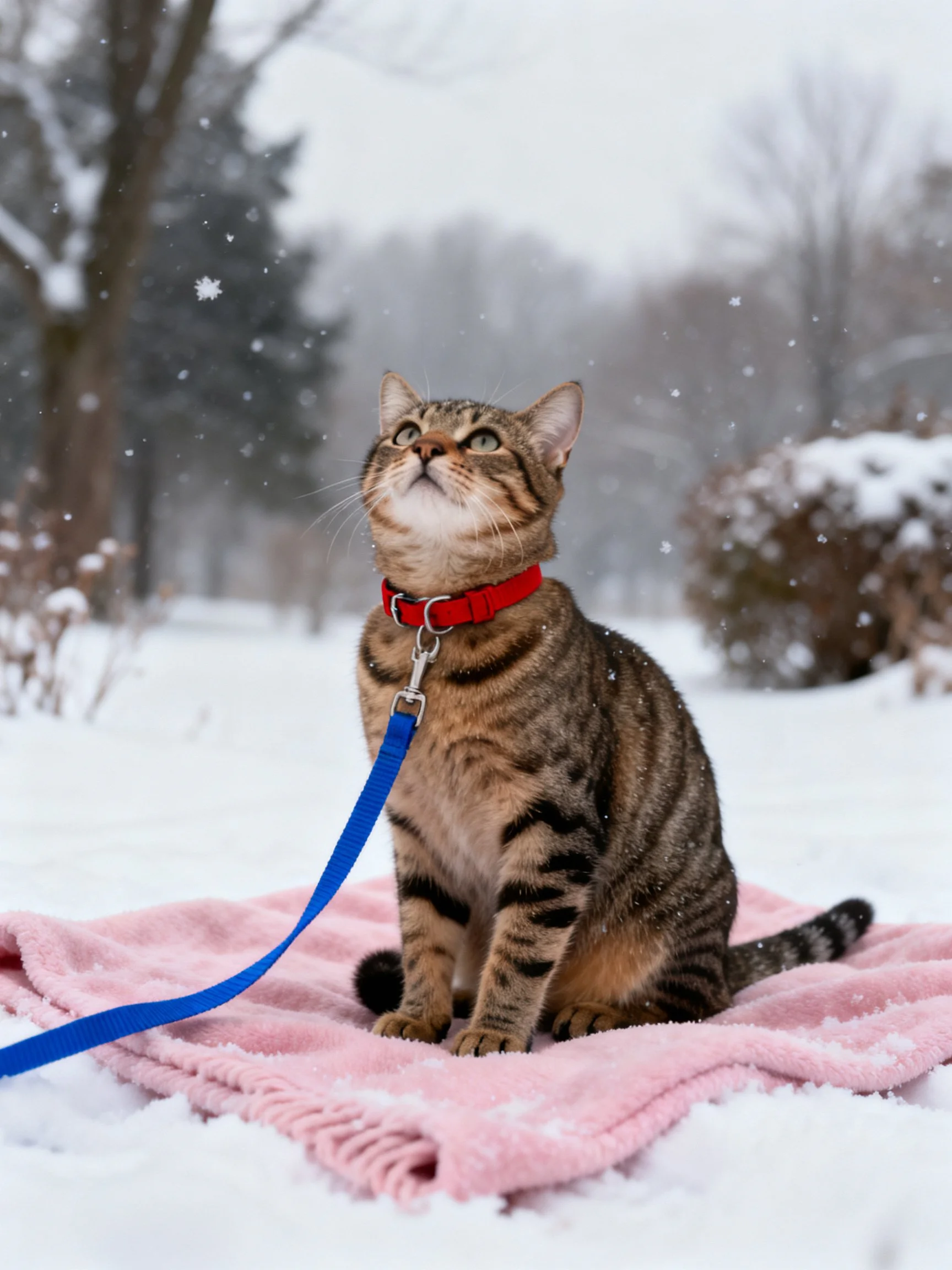 A tabby cat with red collar sits on pink blanket in snowy landscape with blue leash