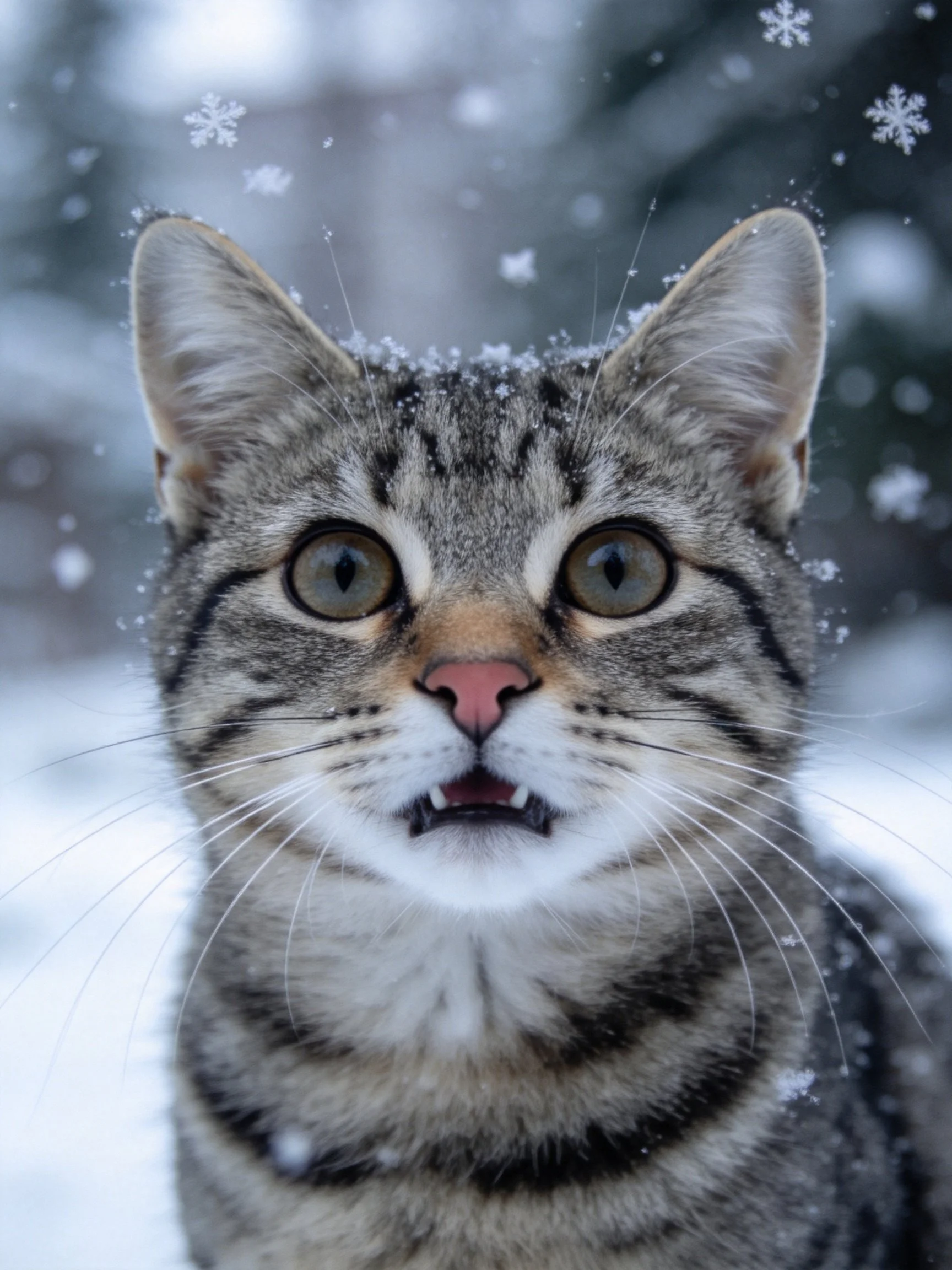 A tabby cat with snowflakes on its head in a snowy landscape