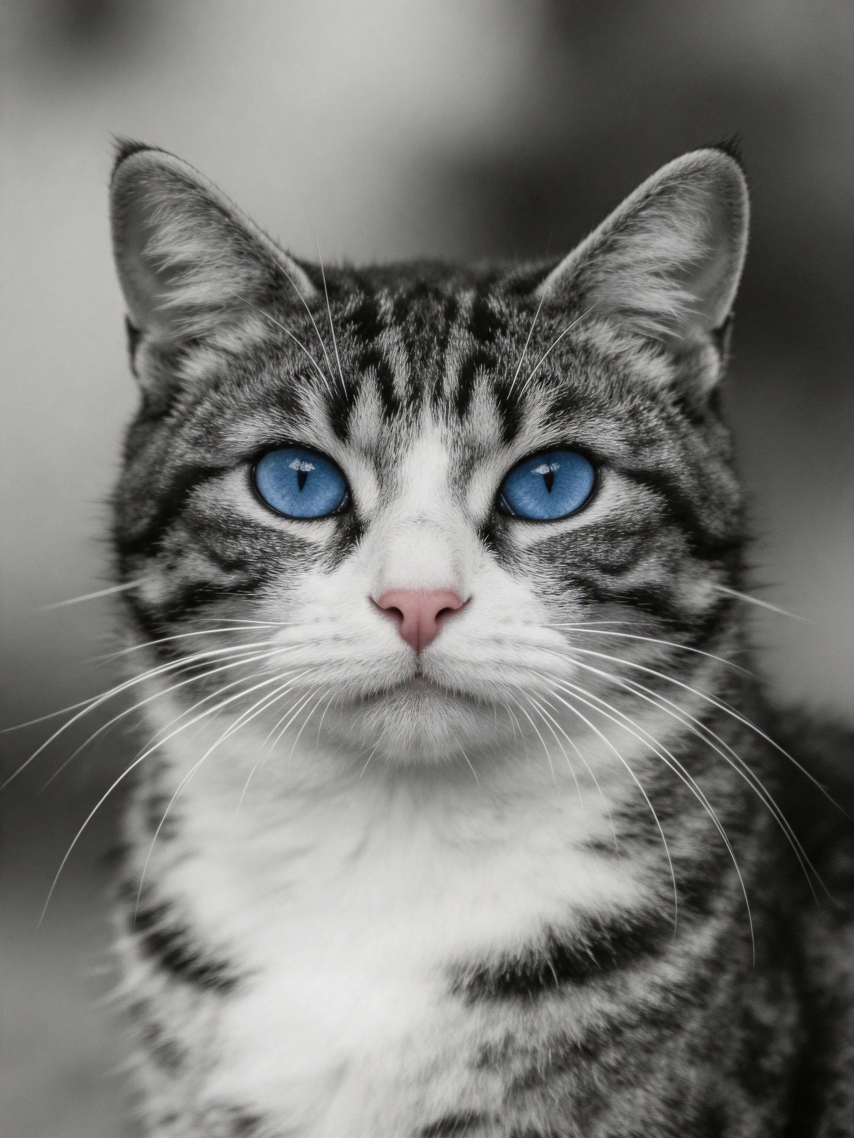 A tabby cat with striking blue eyes and gray-white fur