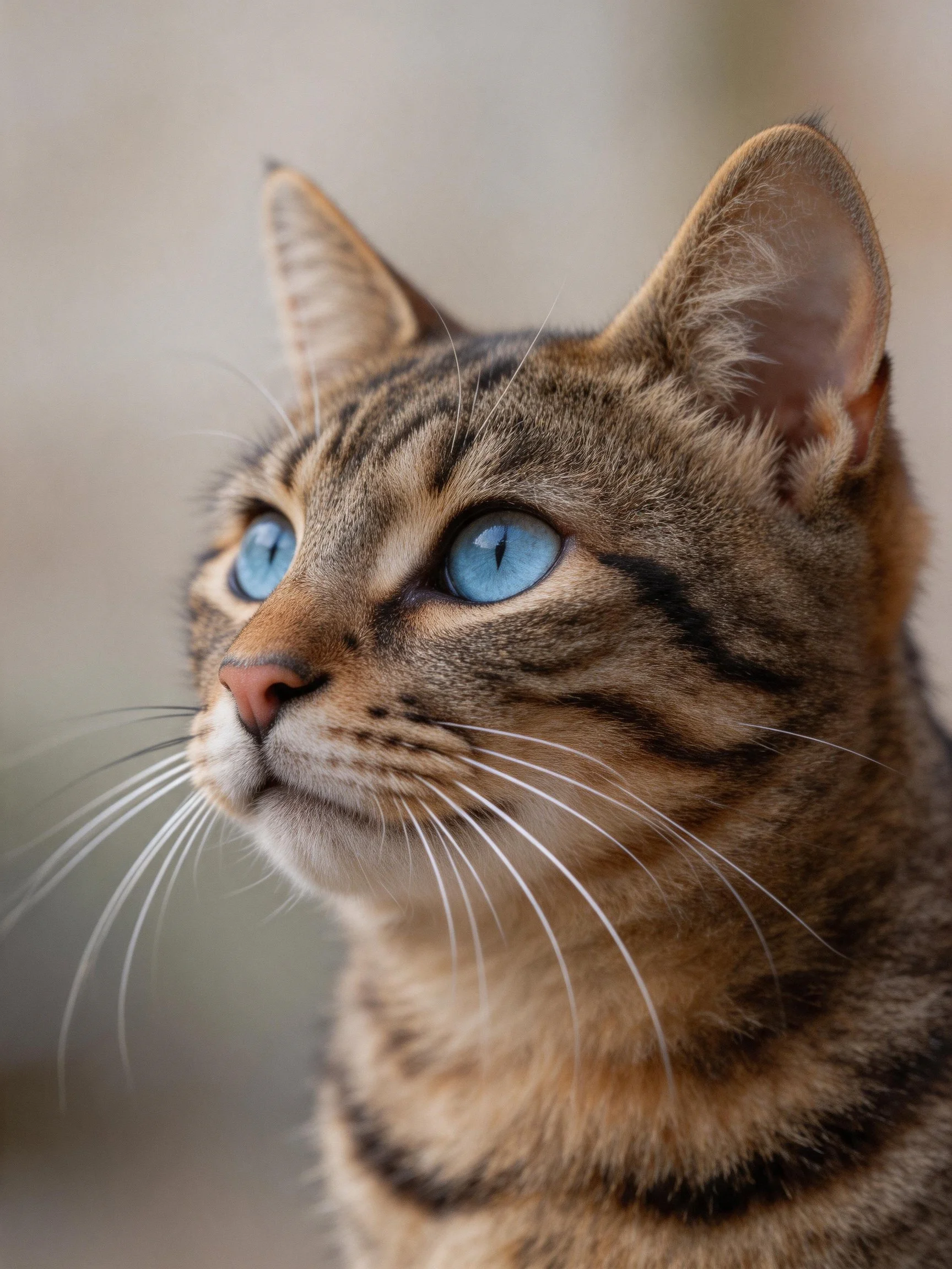 A tabby cat with bright blue eyes gazes attentively upward.