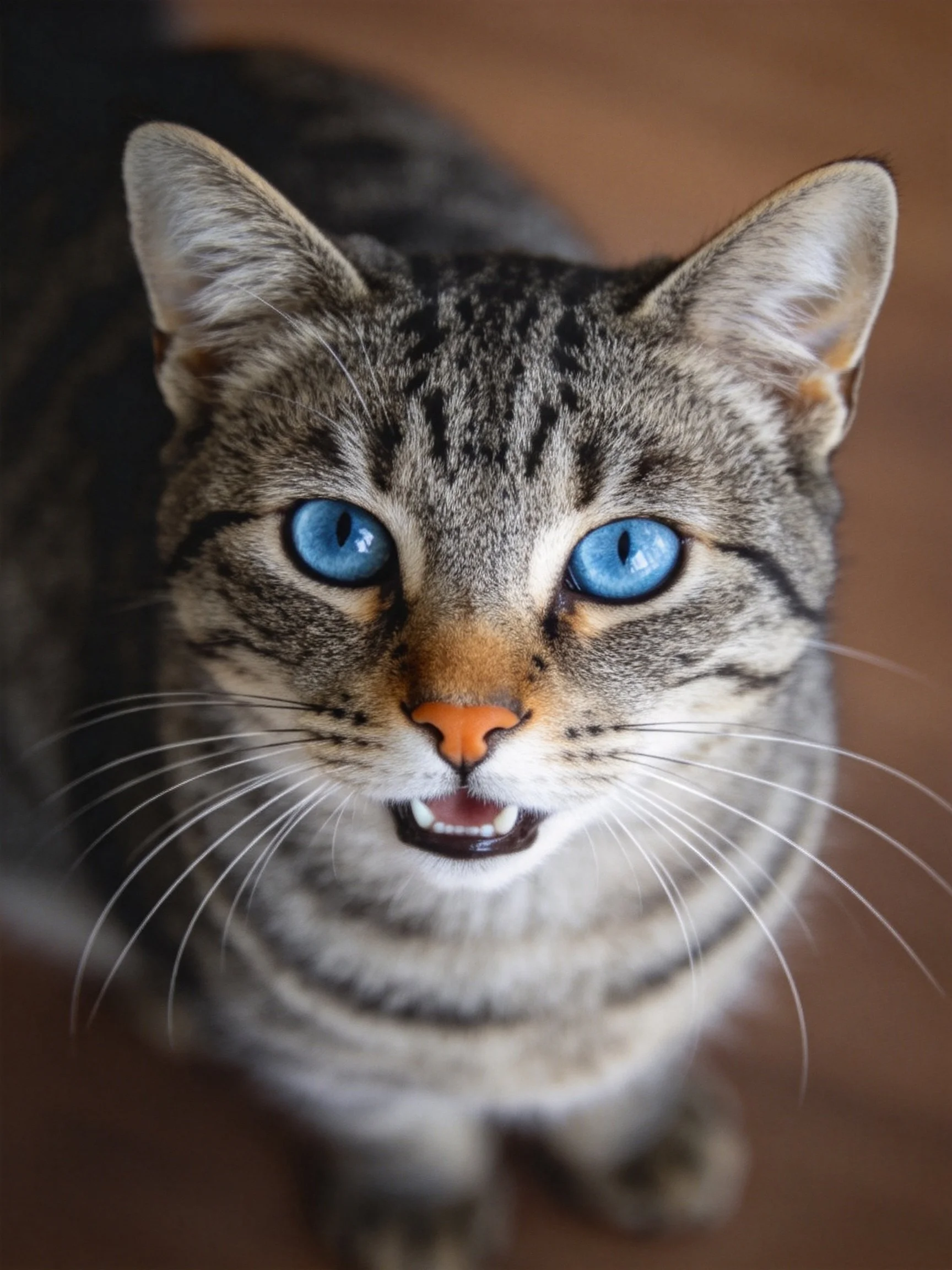 A tabby cat with striking blue eyes and striped fur