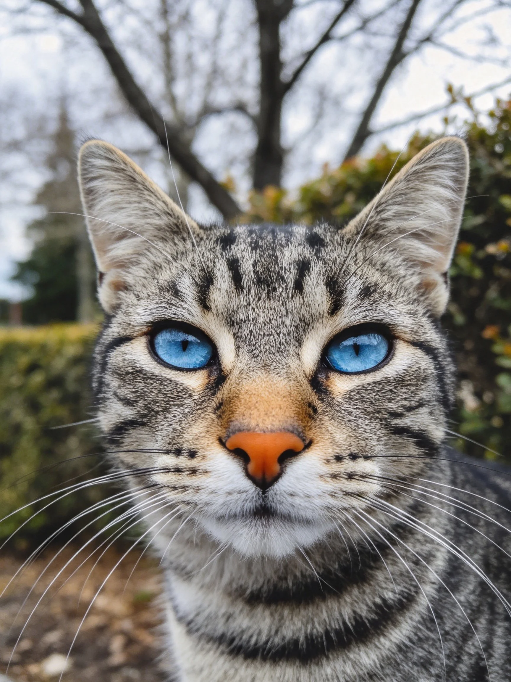 A tabby cat with striking blue eyes in an outdoor garden