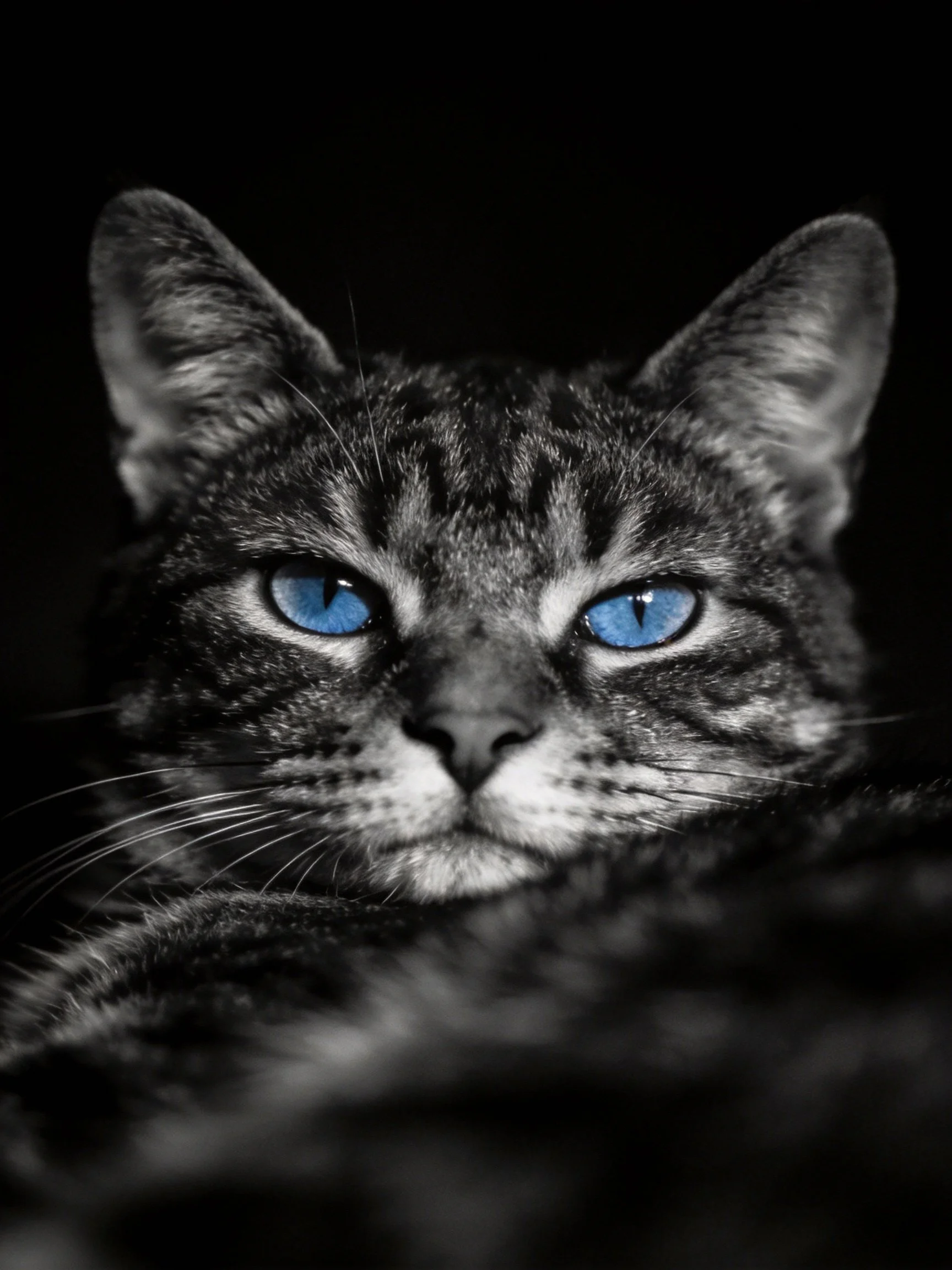A tabby cat with striking blue eyes in dramatic monochrome