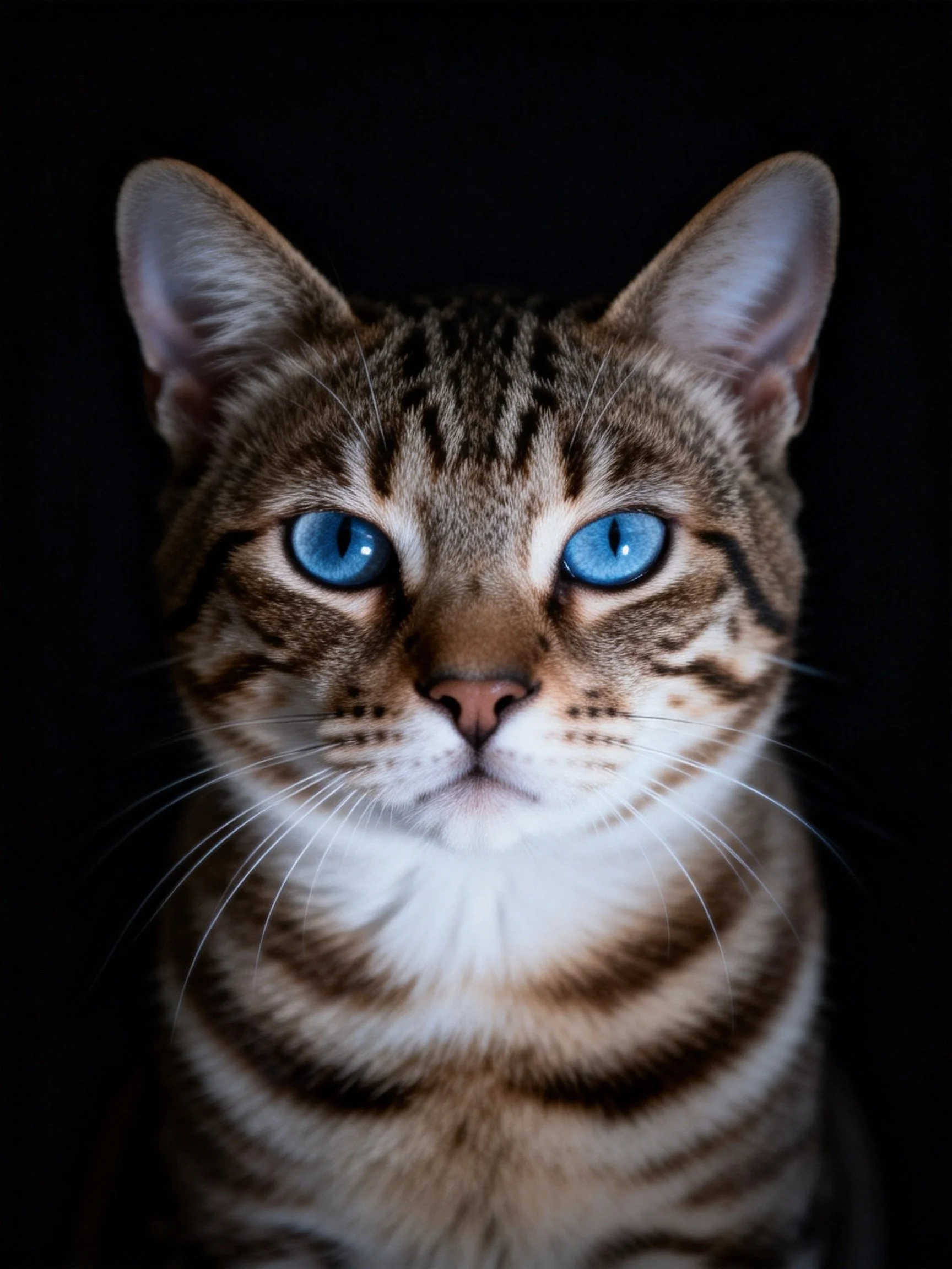 A tabby cat with striking blue eyes photographed against a black background