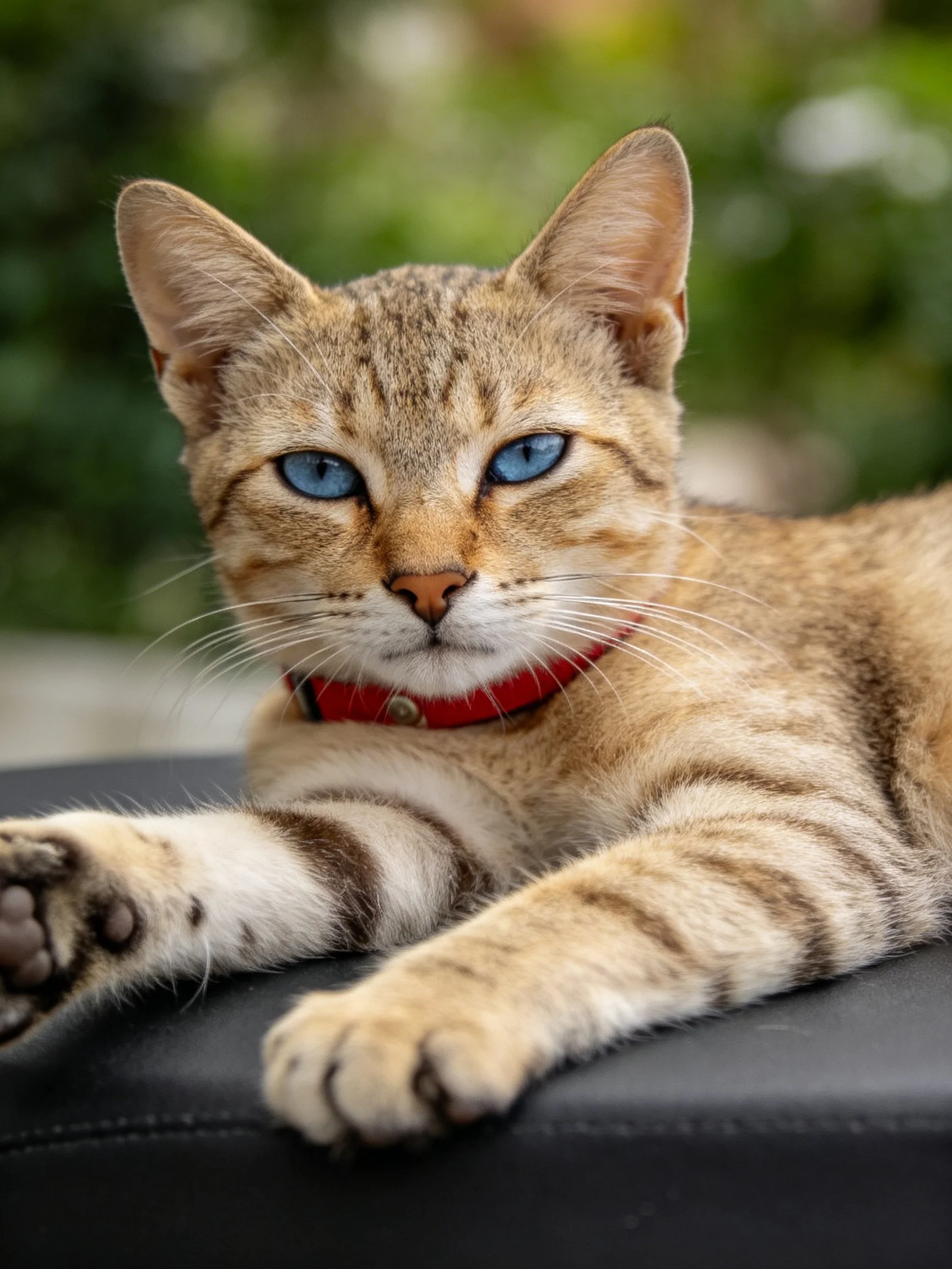 A tabby cat with striking blue eyes rests on a dark surface