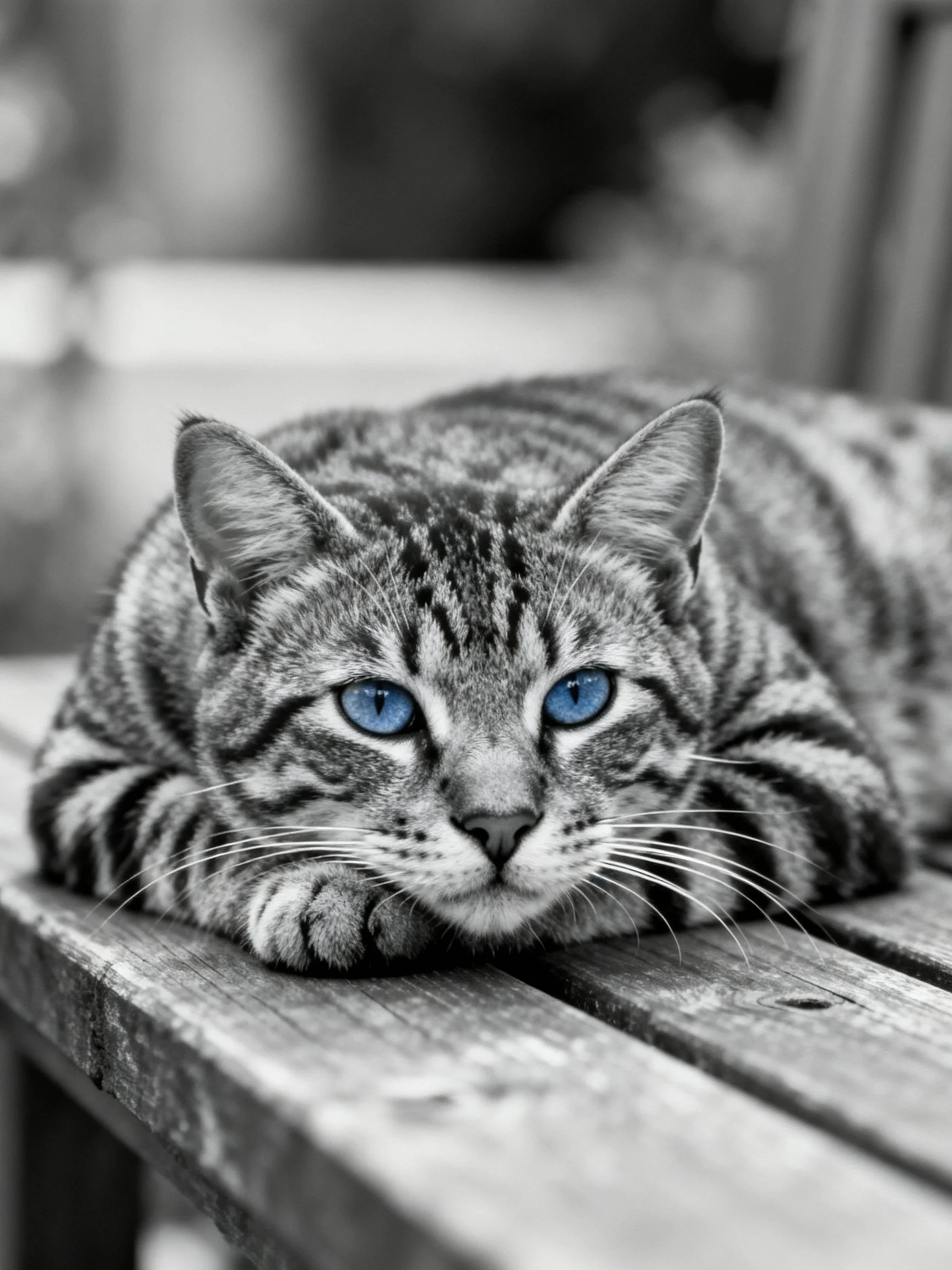 A tabby cat with striking blue eyes rests on weathered wooden planks