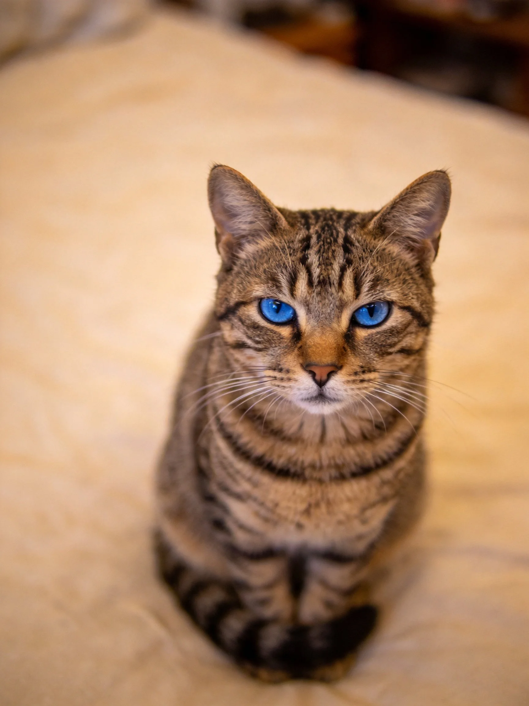 A tabby cat with striking blue eyes sits on a soft beige surface