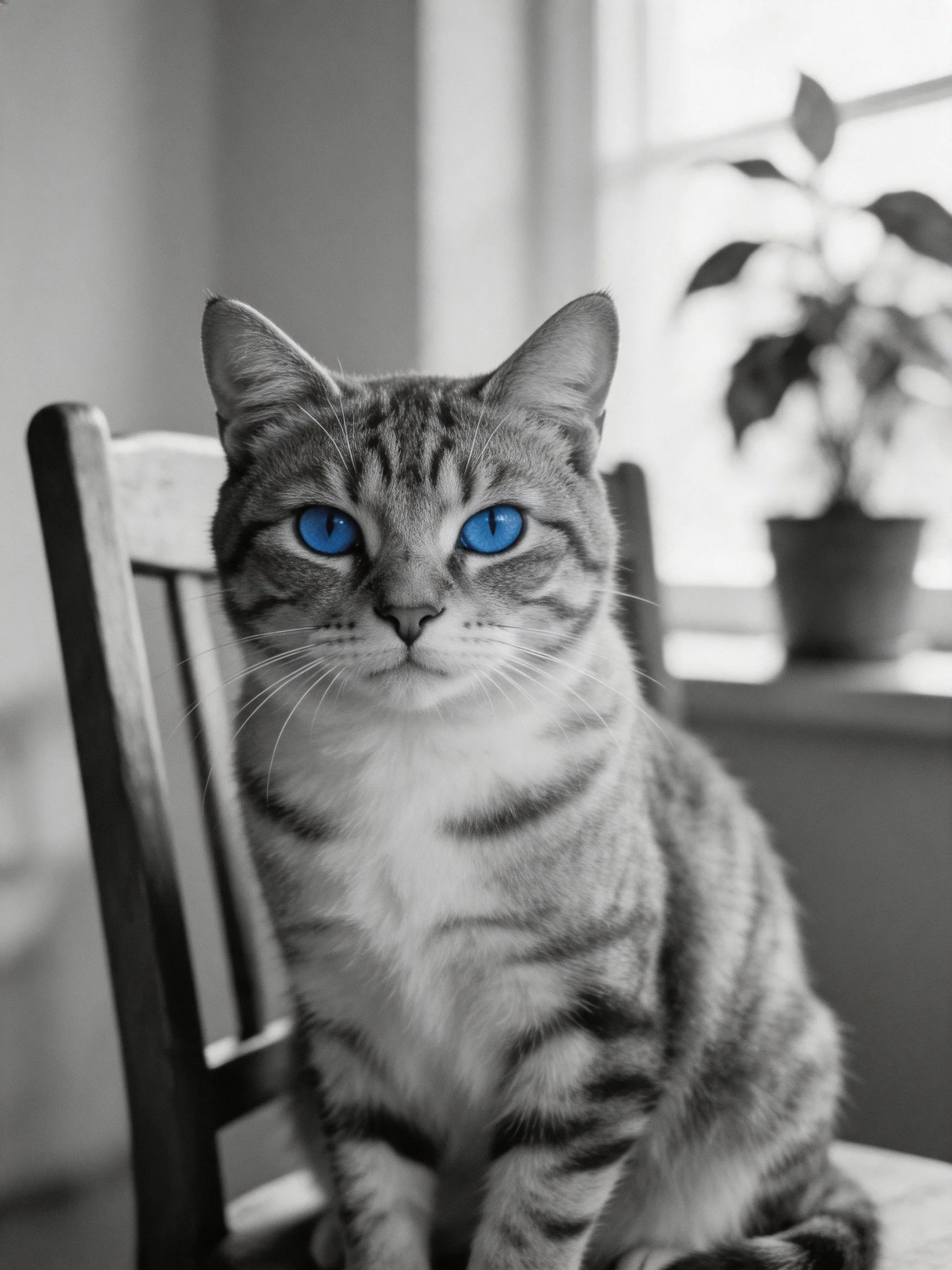 A tabby cat with striking blue eyes sits on a wooden chair near a potted plant
