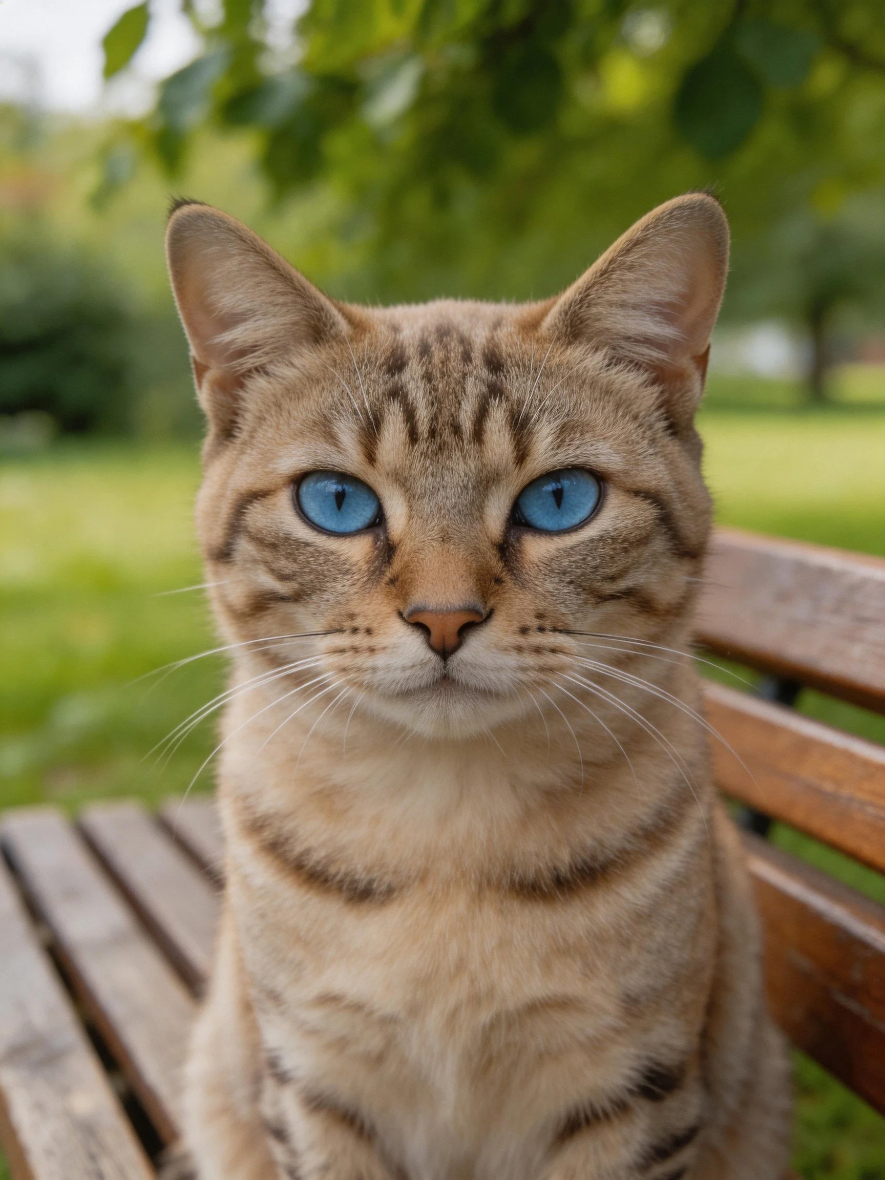 A tabby cat with striking blue eyes sits on a wooden park bench