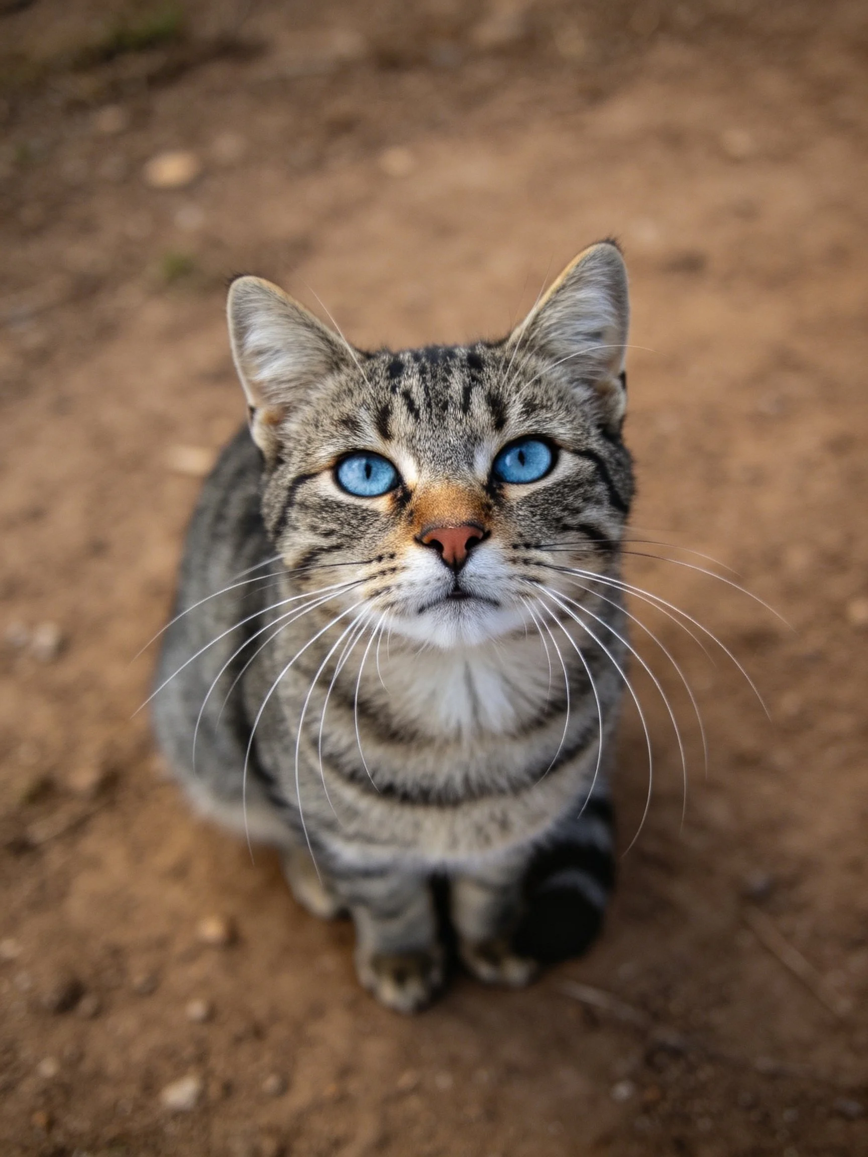 A tabby cat with striking blue eyes sits on brown earth