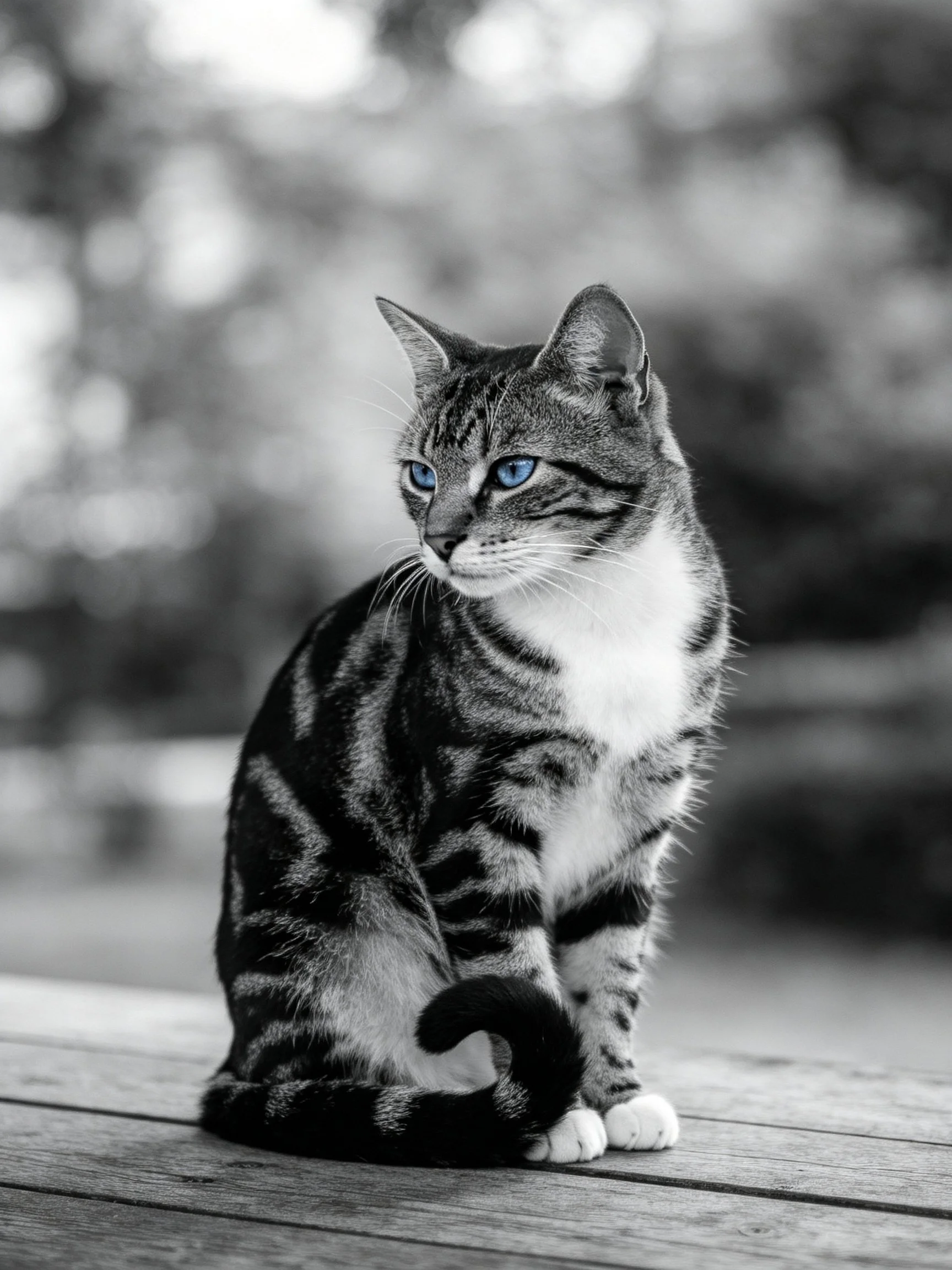 A tabby cat with striking blue eyes sits on wooden planks