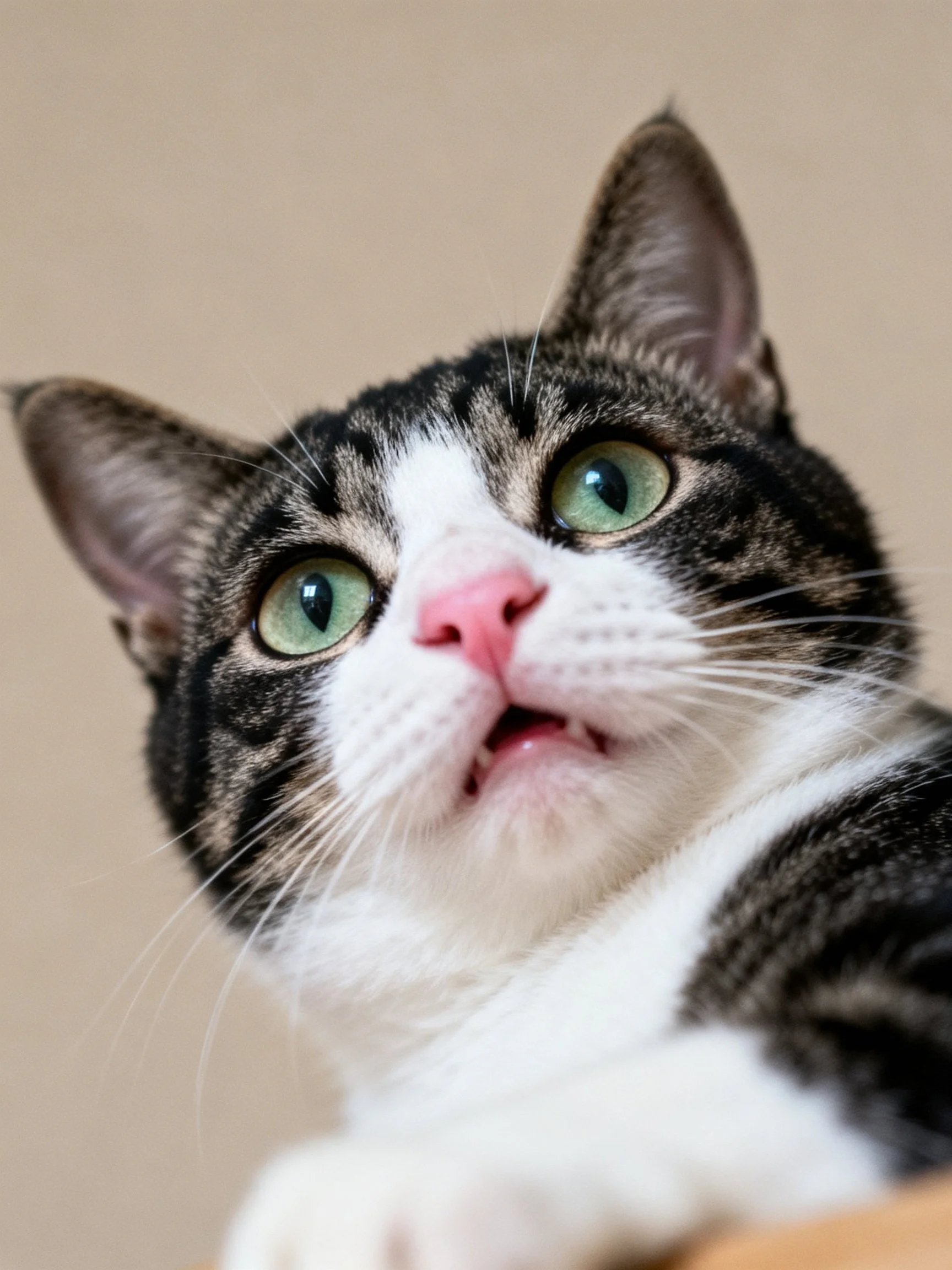A tabby cat with striking green eyes and pink nose