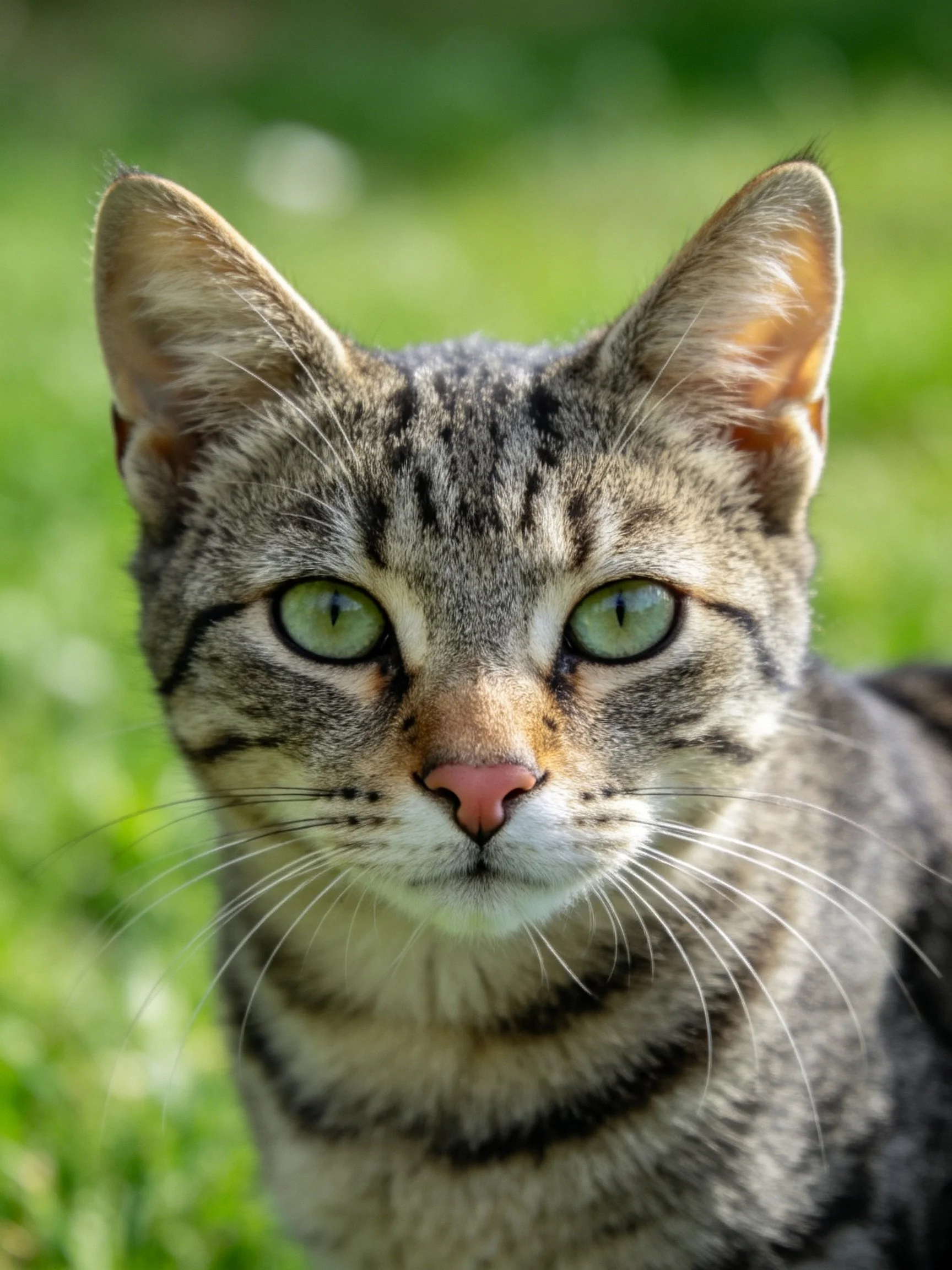 A tabby cat with green eyes is photographed up close in a green outdoor area.