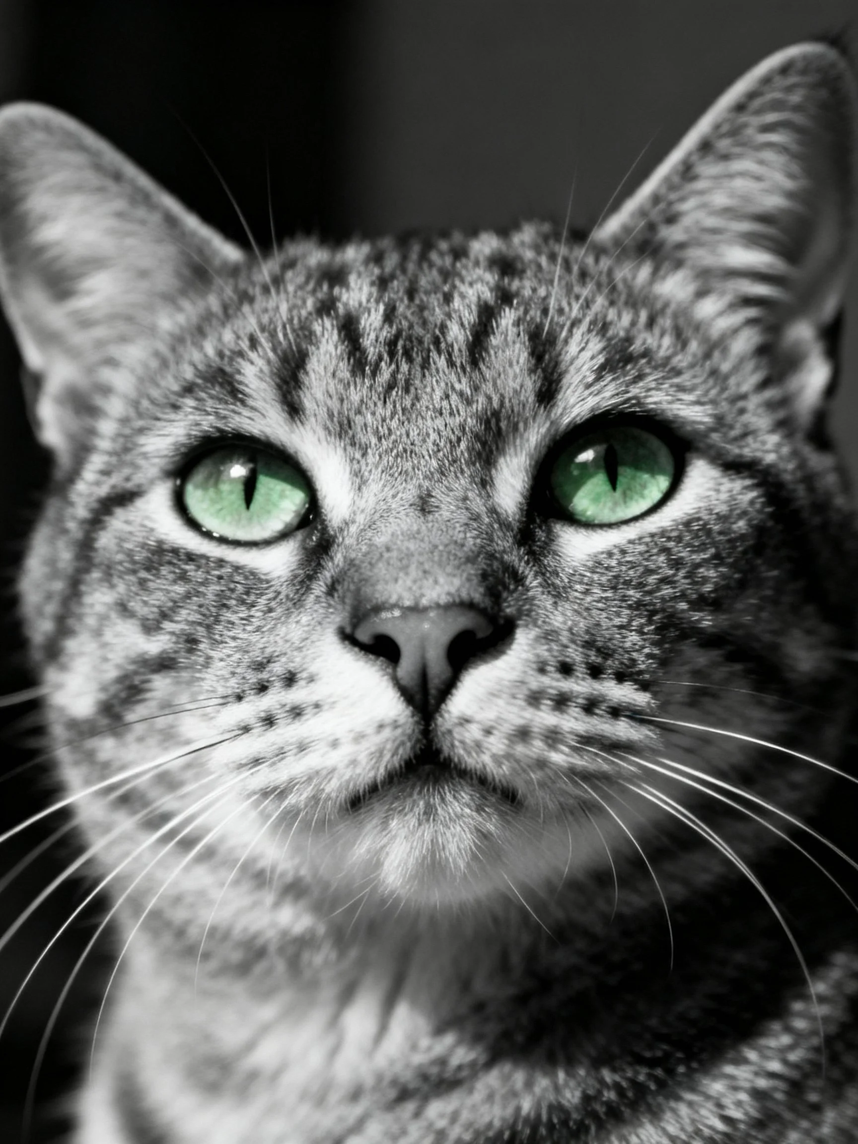 A monochrome portrait focuses on a tabby cat with vivid green eyes.