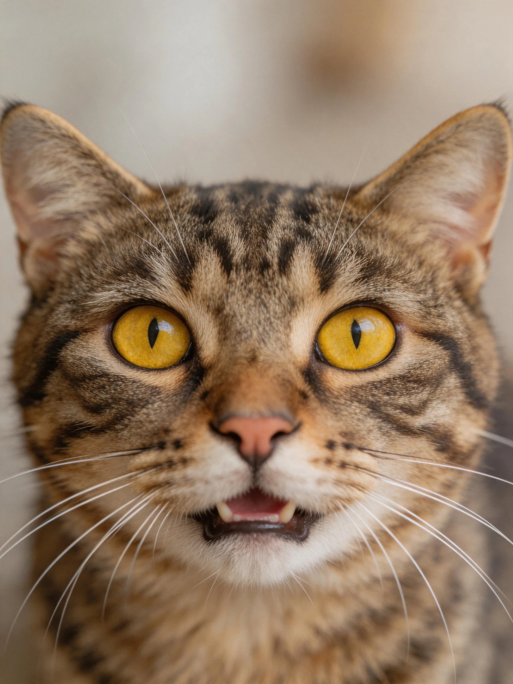 A tabby cat with striking yellow eyes and striped fur