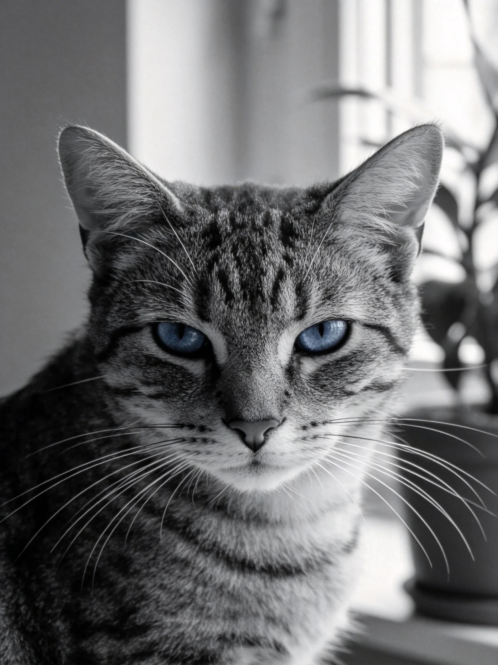 A tabby cat with blue eyes is shown in a monochrome photograph.