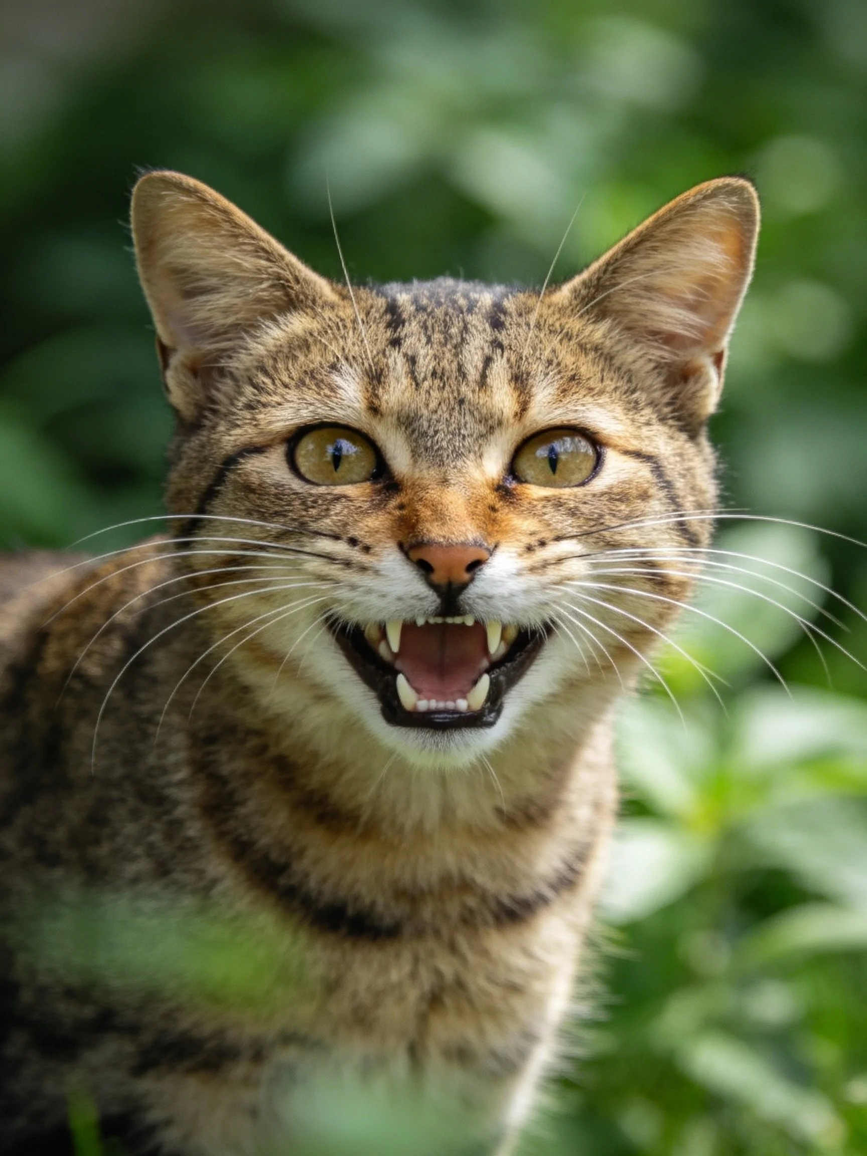 A tabby cat shows an open-mouthed expression amid green foliage