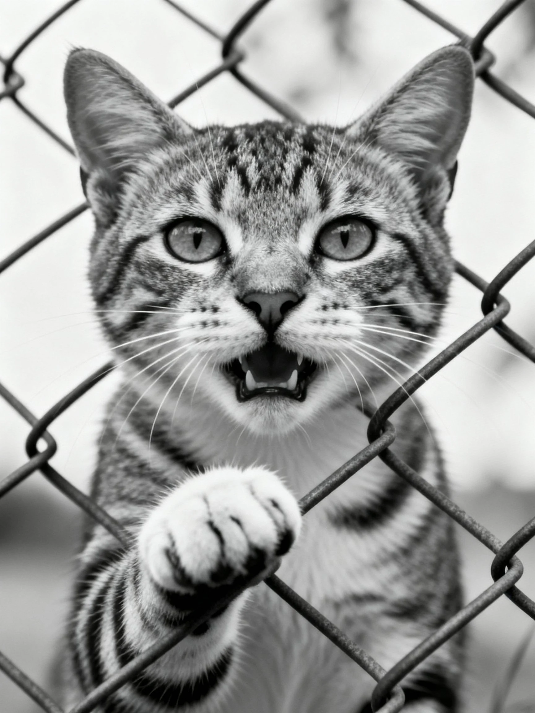 A tabby cat with striped fur gripping a chain-link fence, mouth open