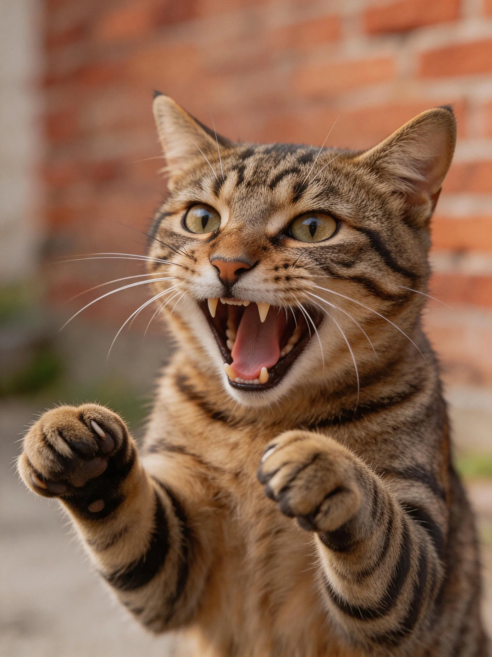 A tabby cat with striped fur growls near a red brick wall