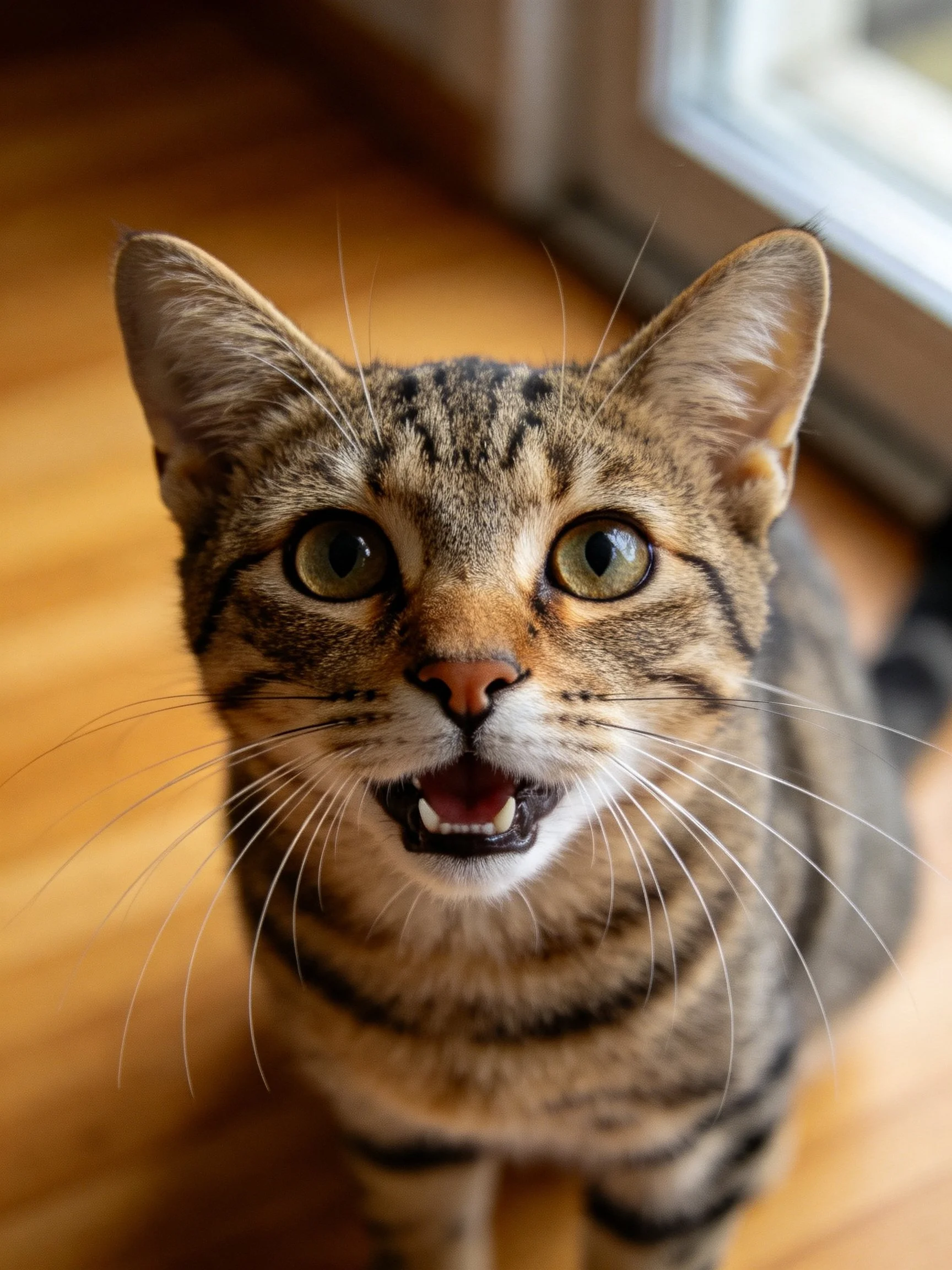 A tabby cat with striped fur looks upward near a window