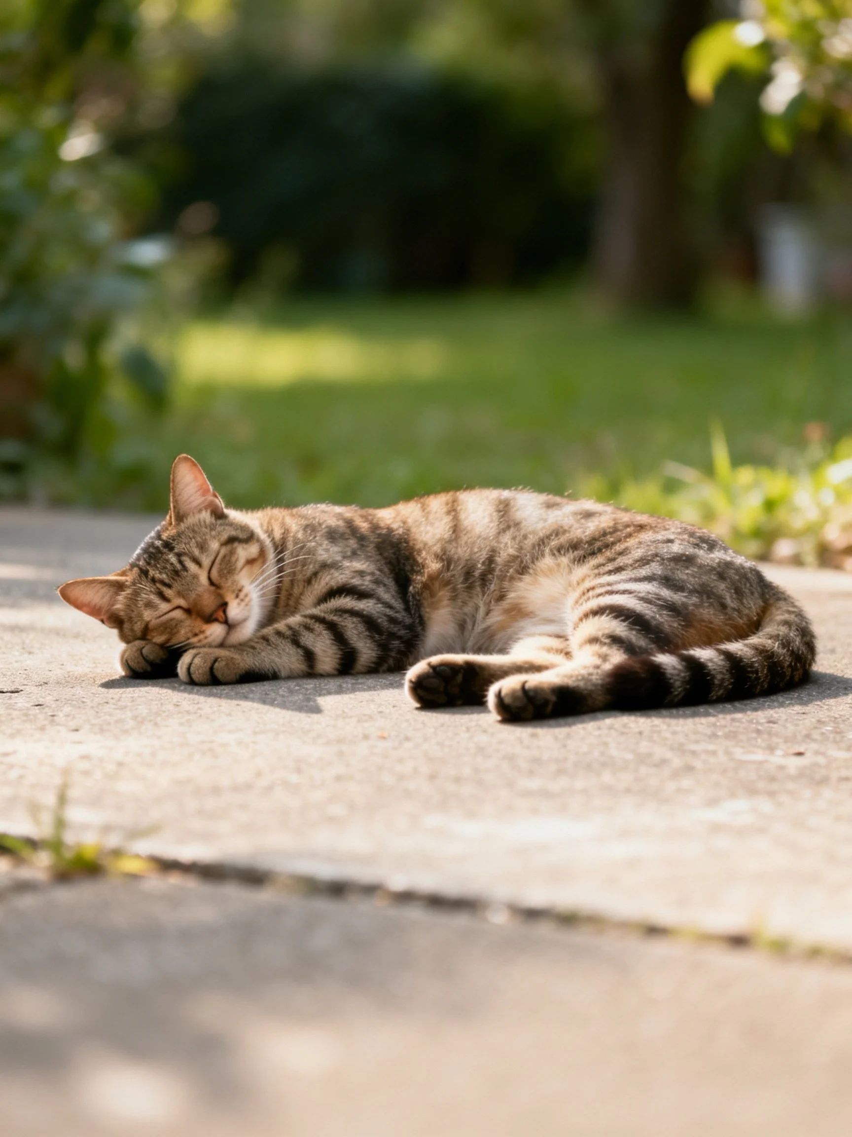 A tabby cat with striped fur naps on a sunlit concrete path