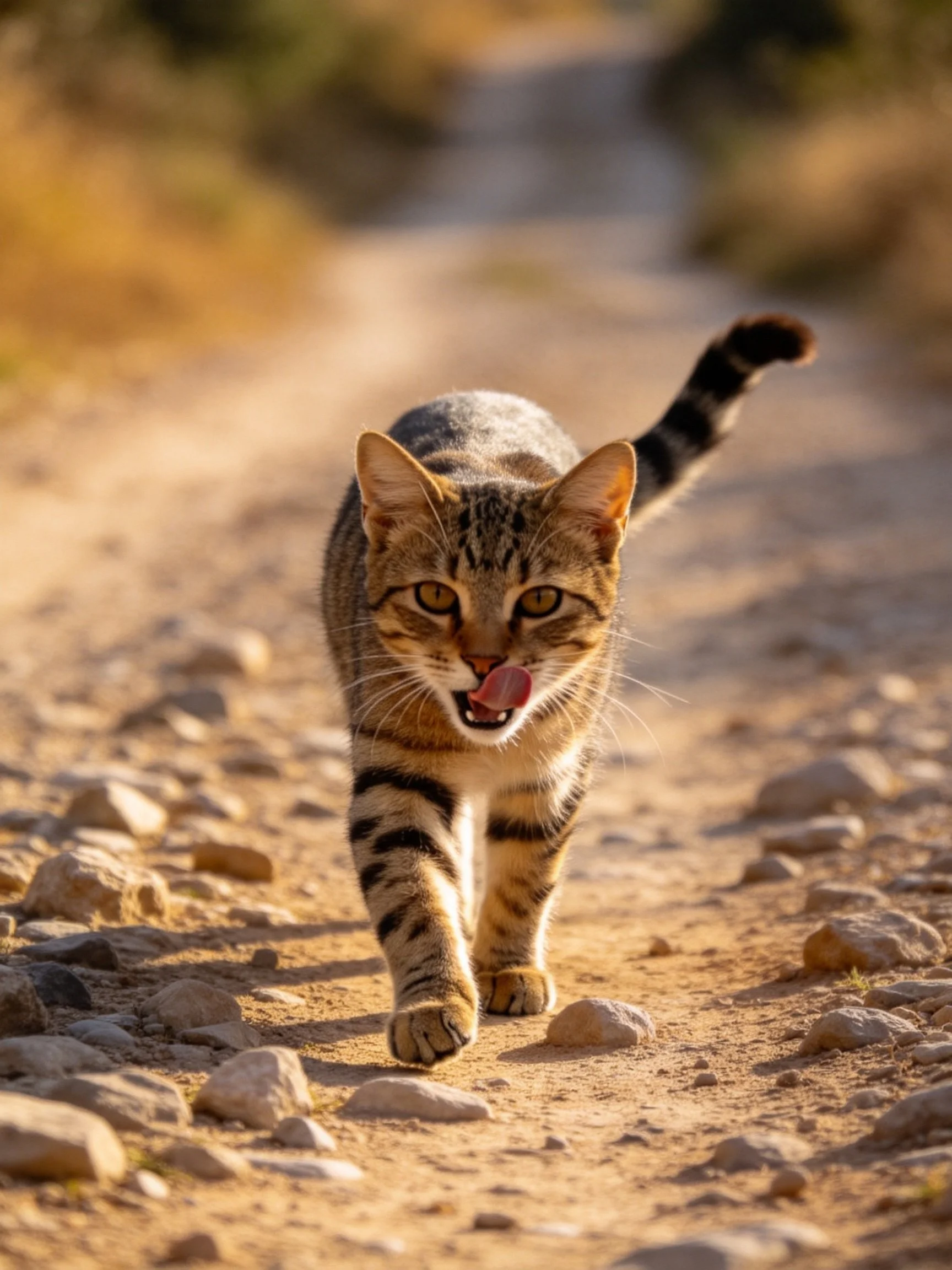 A tabby cat with striped fur walks on a rocky dirt trail