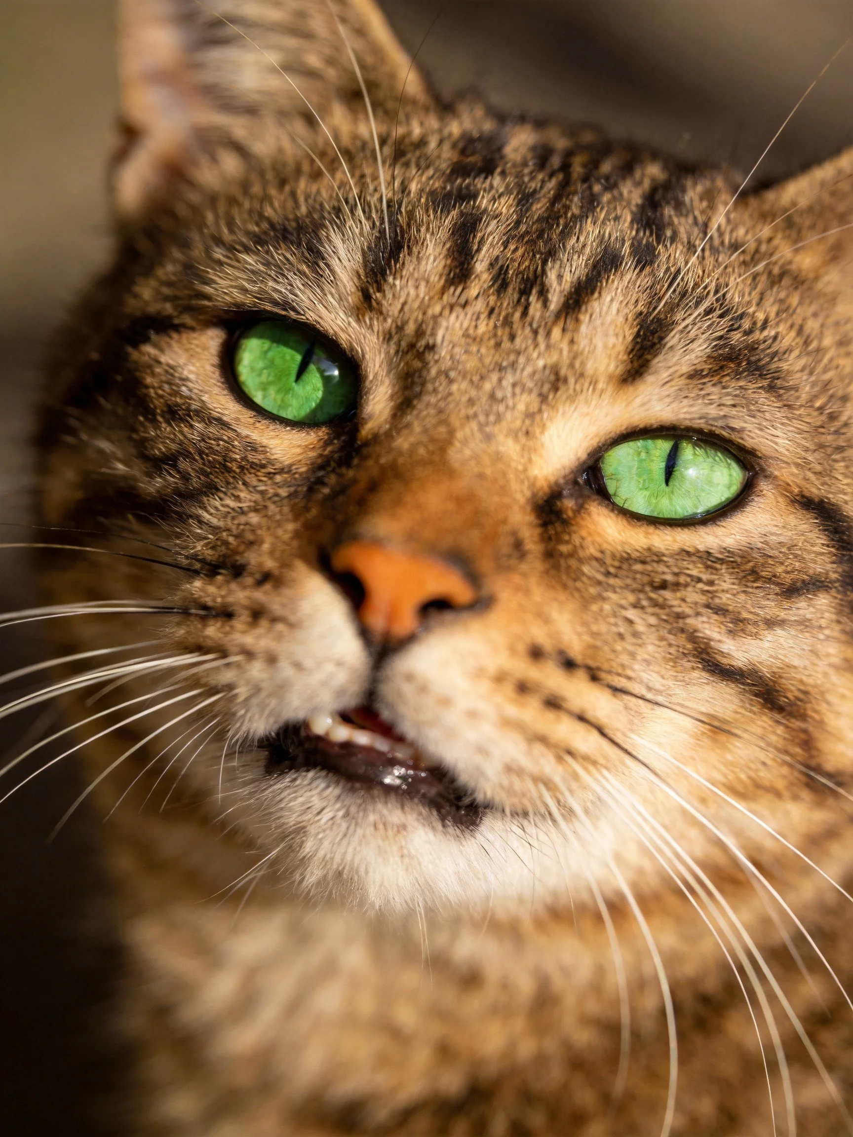 A close - up of a tabby cat with striking green eyes.