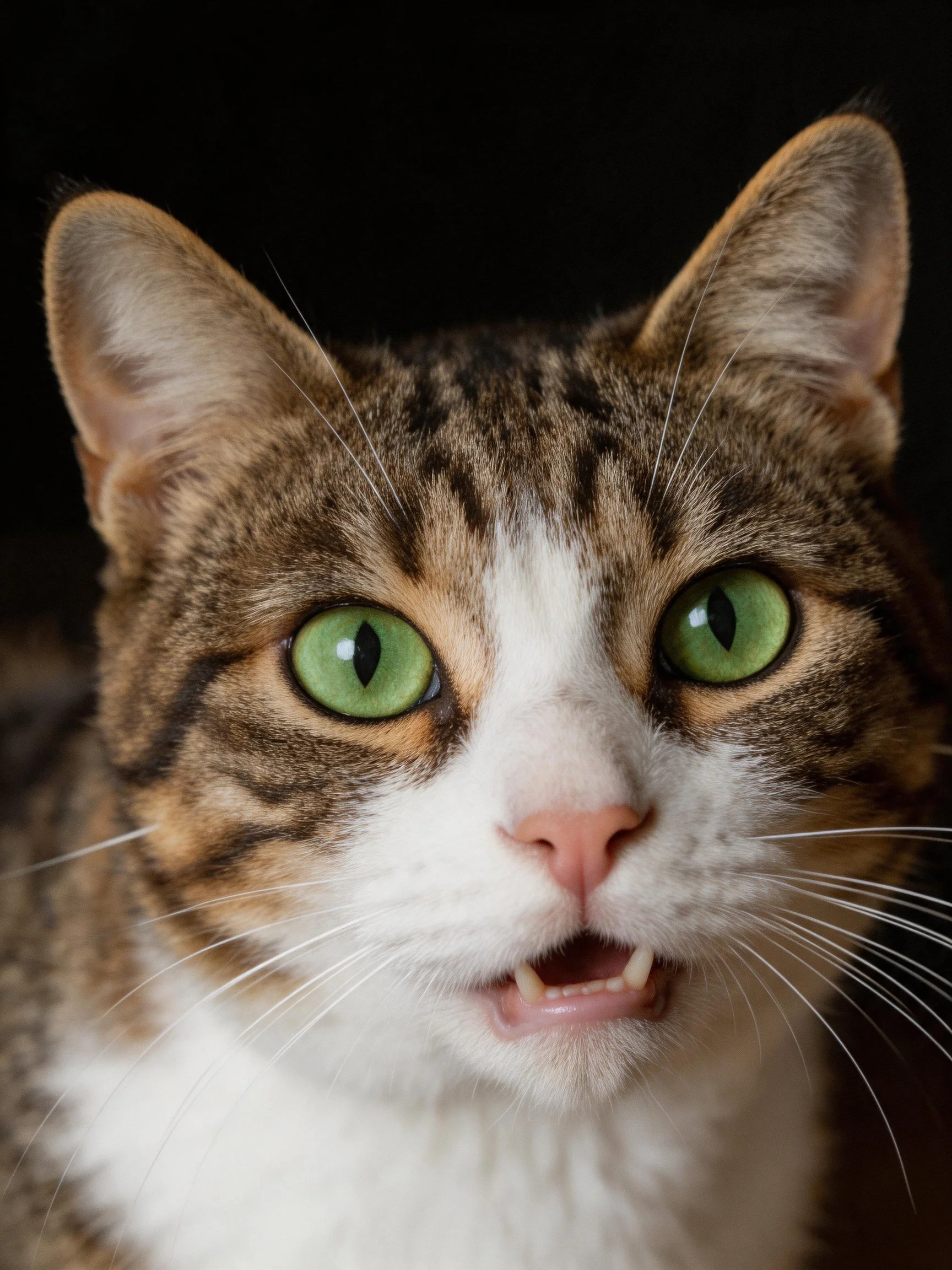 A close - up of a tabby cat featuring bright green eyes.