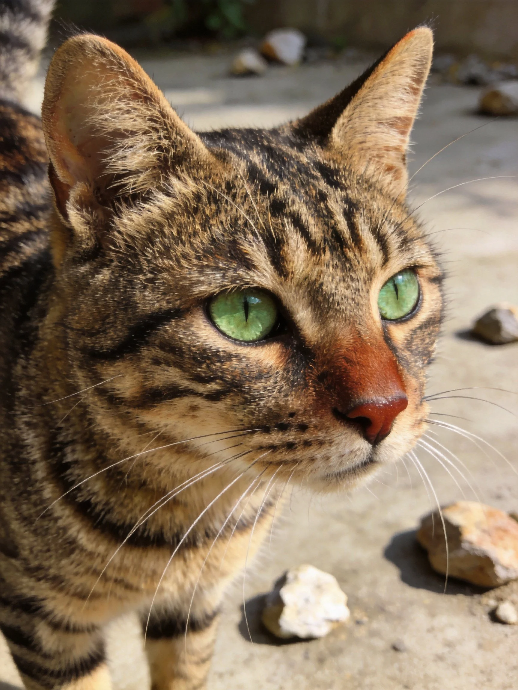 A tabby cat with green eyes is near scattered stones on a concrete surface.