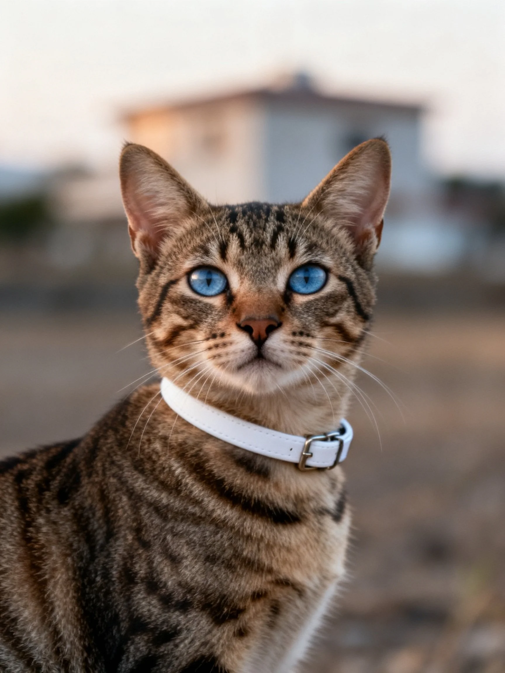 A tabby cat with blue eyes and a white collar is photographed outdoors near a blurred building.