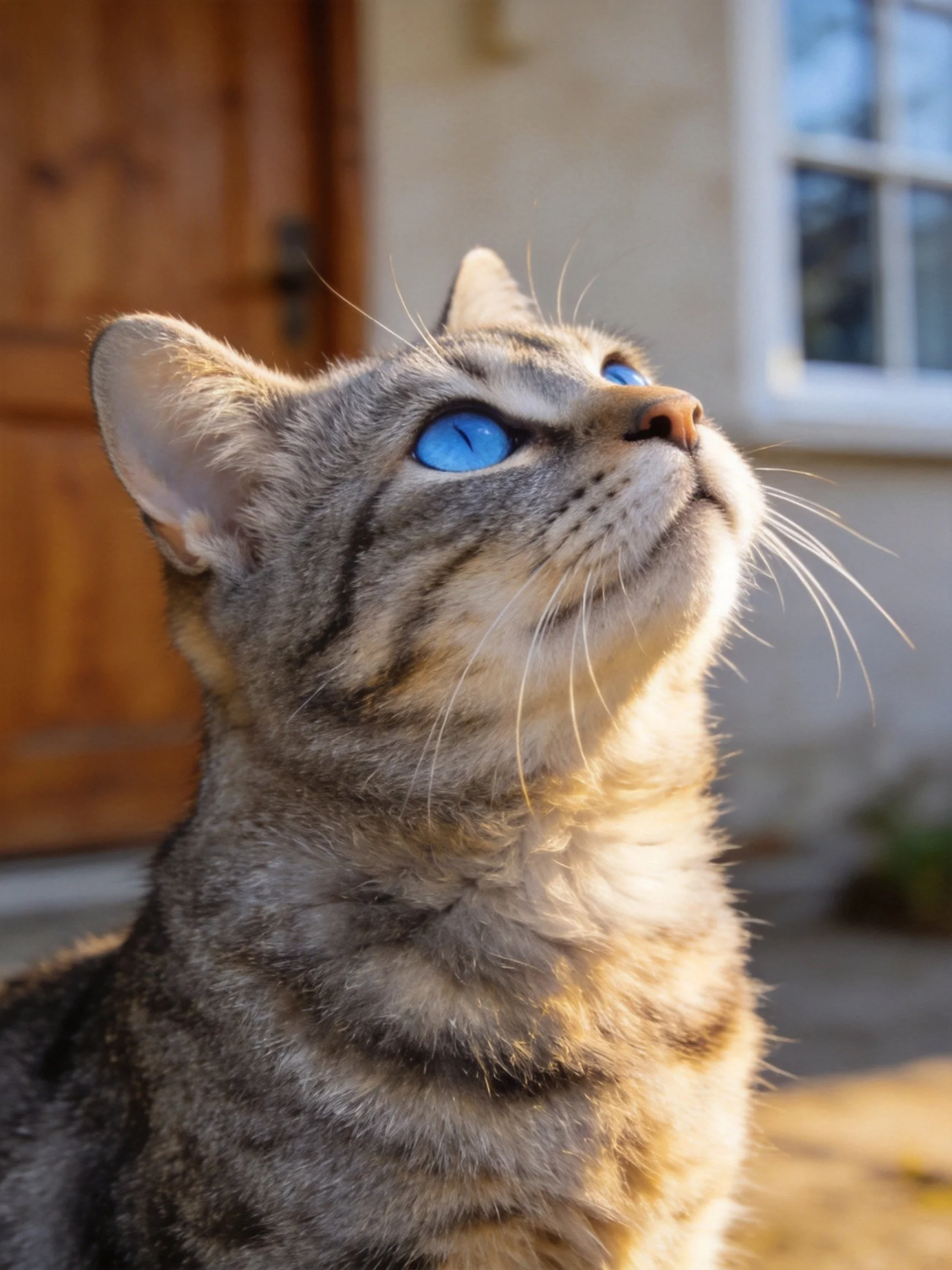 A tabby cat with vivid blue eyes gazes upward near a wooden door