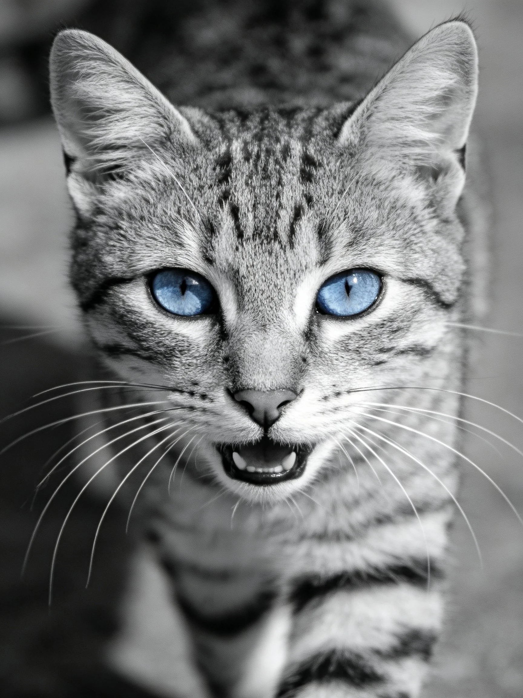 A tabby cat with vivid blue eyes in monochrome