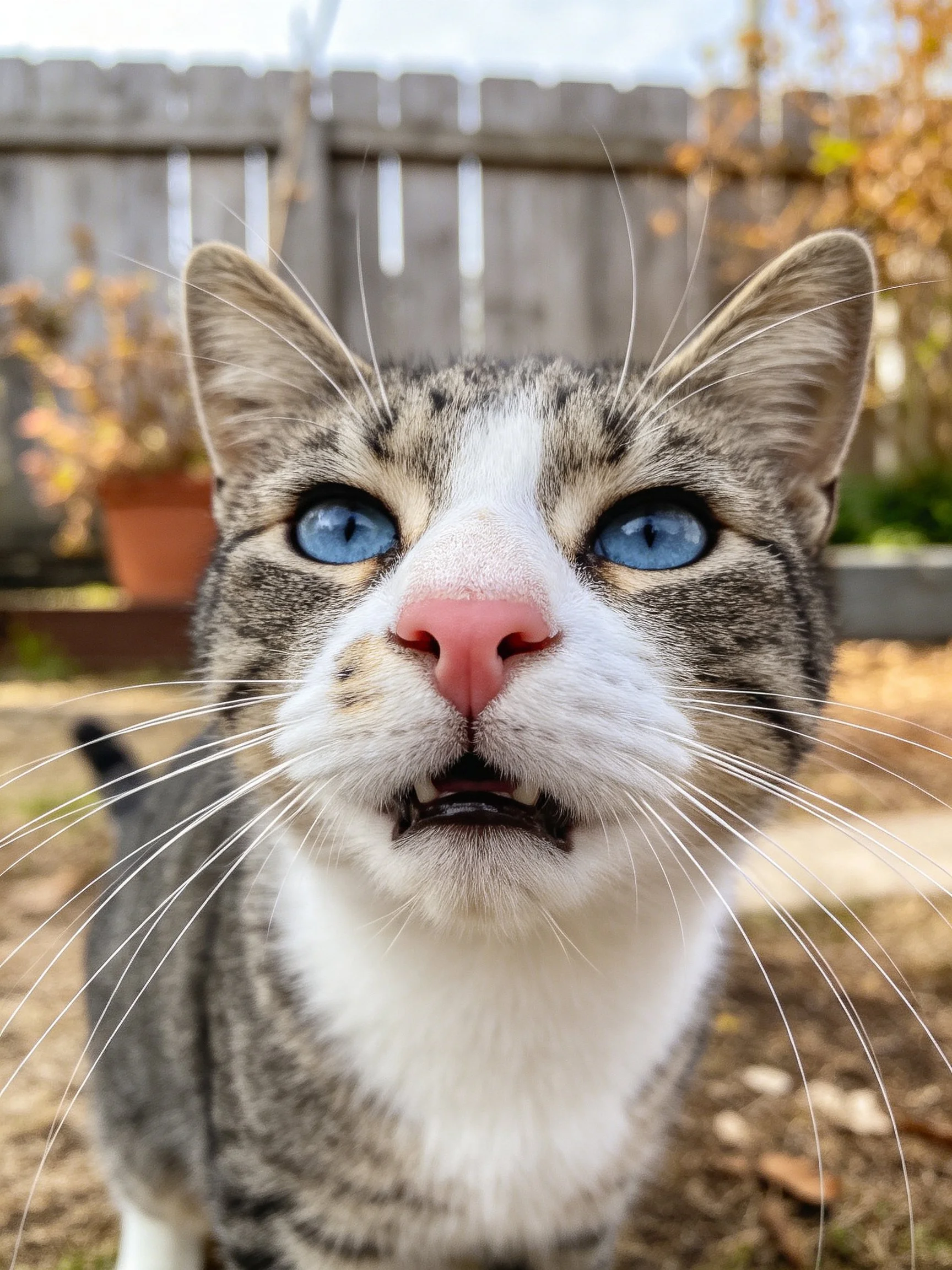 A close - up of a tabby cat with blue eyes in an outdoor space