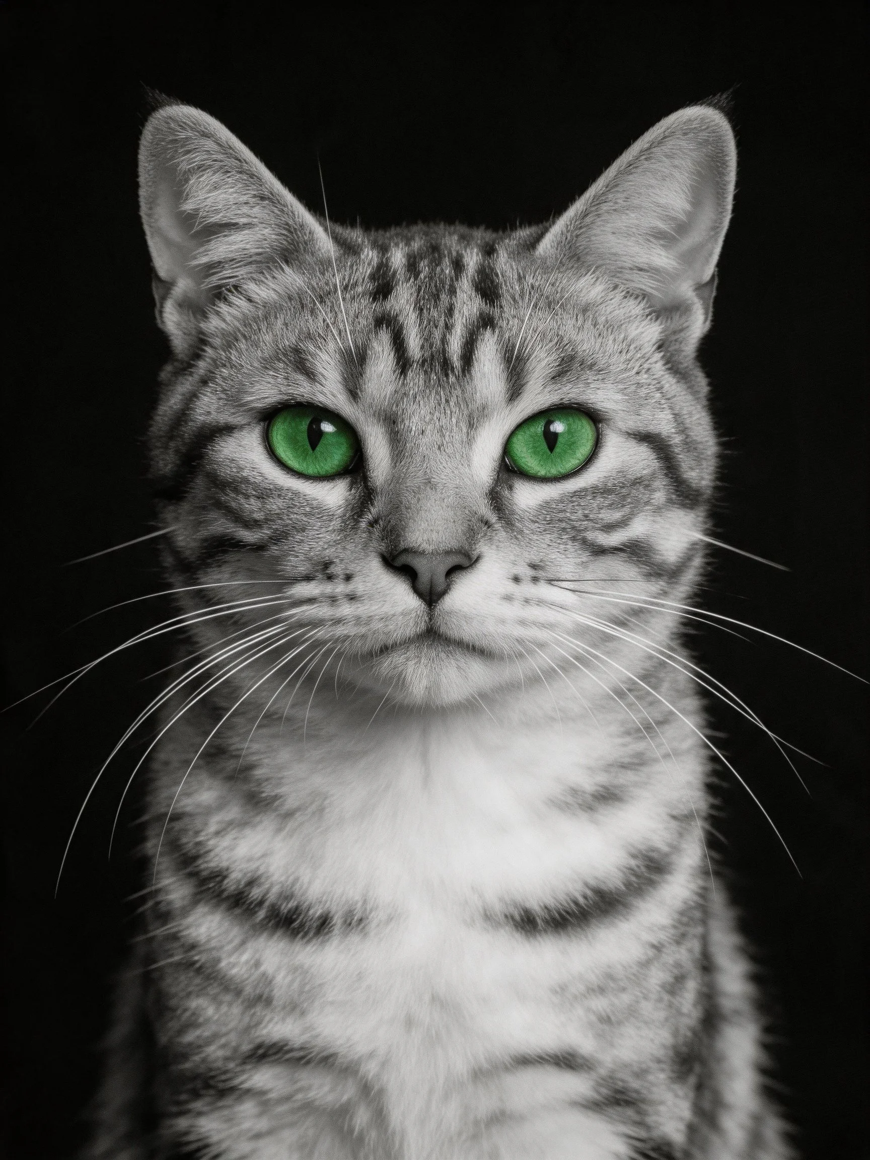 A tabby cat with vivid green eyes against a black backdrop