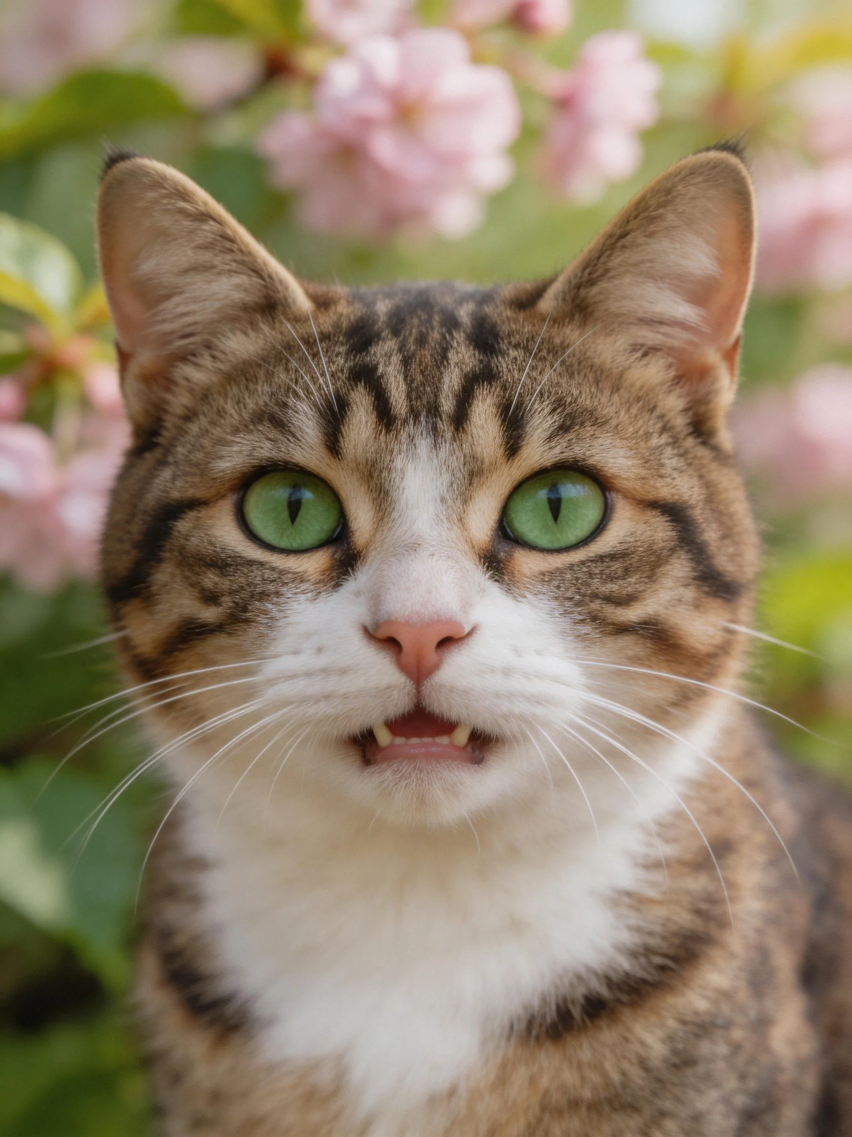 A tabby cat with vivid green eyes is near pink blossoms
