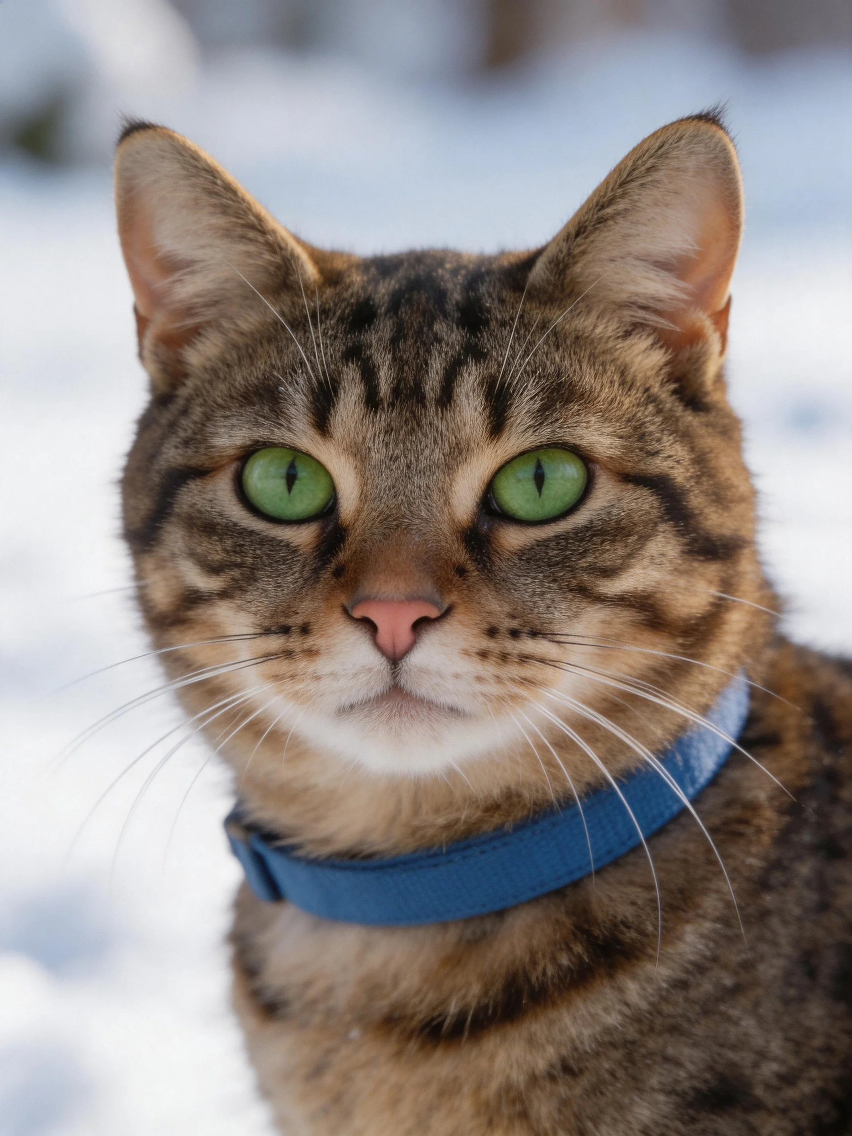 A tabby cat with green eyes wears a blue collar near a snowy area.