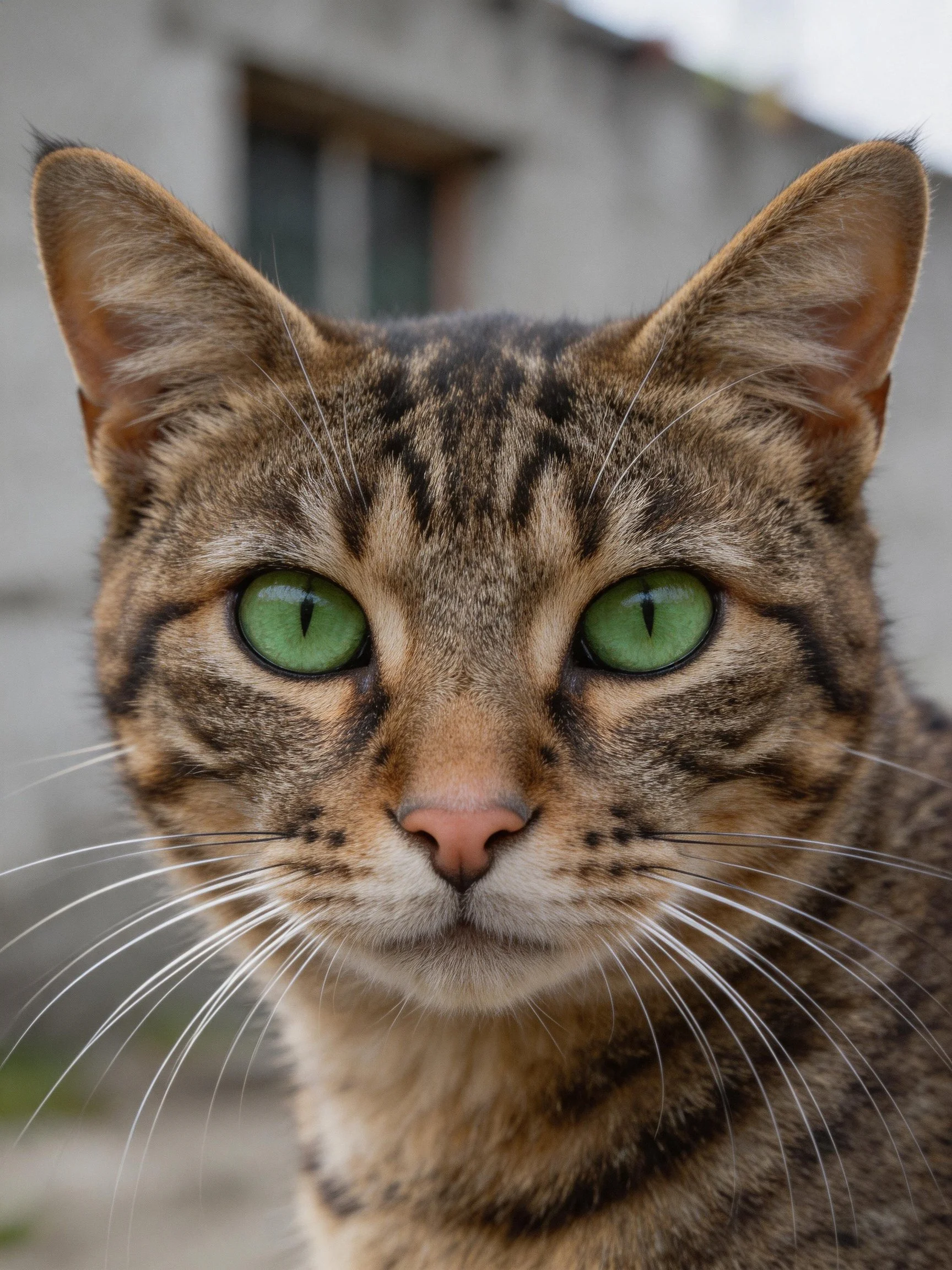A tabby cat with vivid green eyes and brown - black stripes