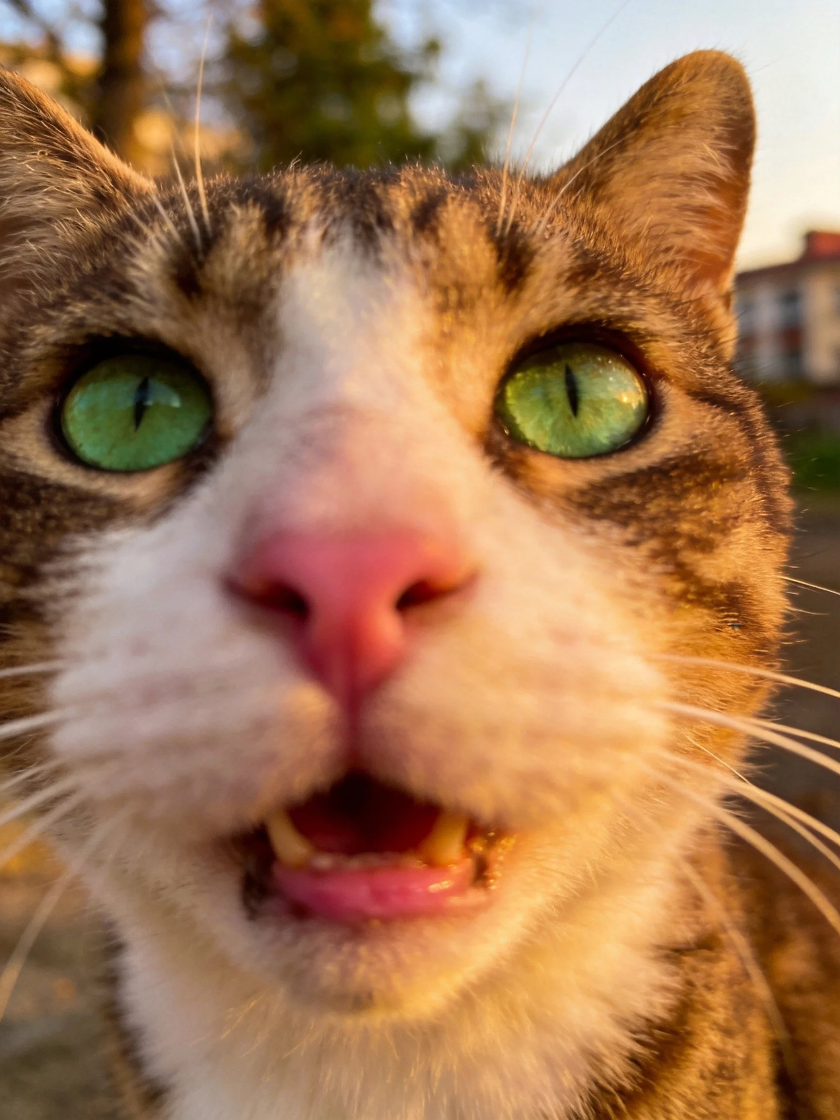A tabby cat with vivid green eyes and pink nose is shown up close outdoors.