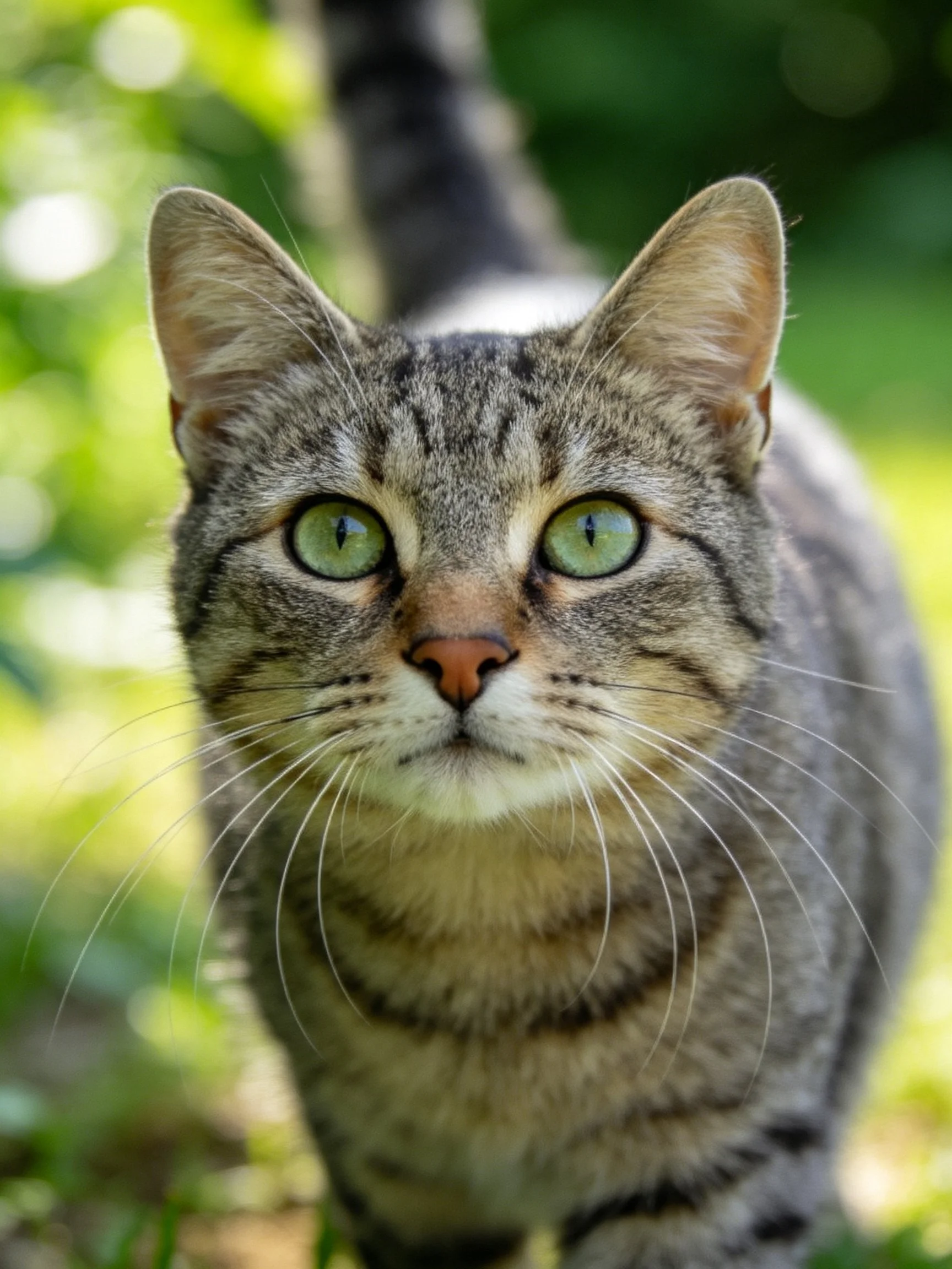 A tabby cat gazes directly at the camera amid soft greenery.
