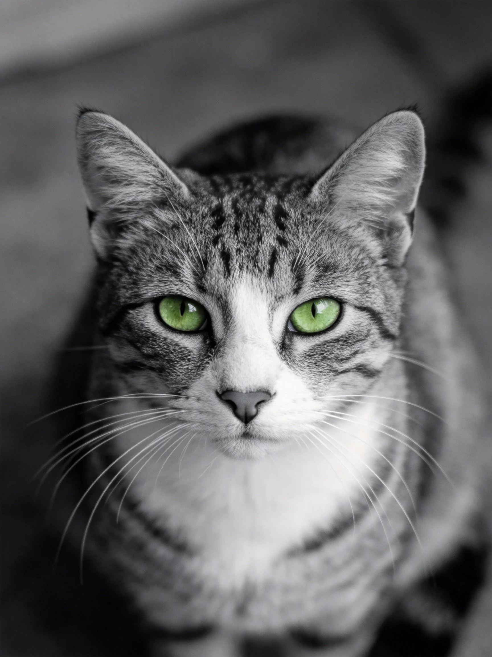A tabby cat with vivid green eyes in a monochrome setting