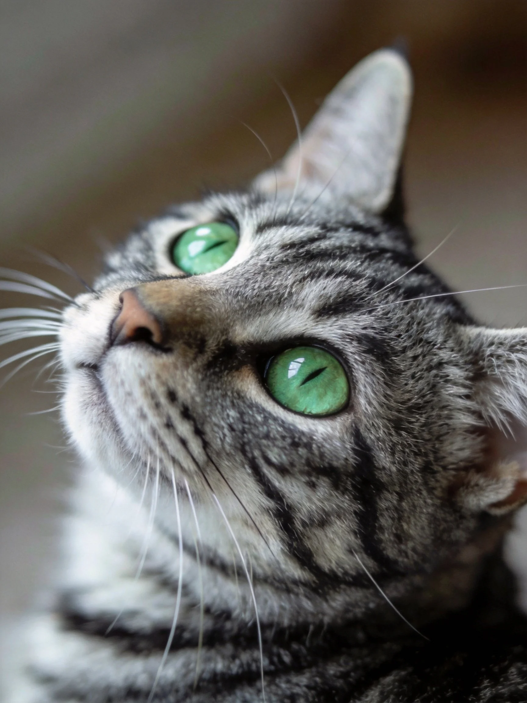 A tabby cat with vivid green eyes looks upward