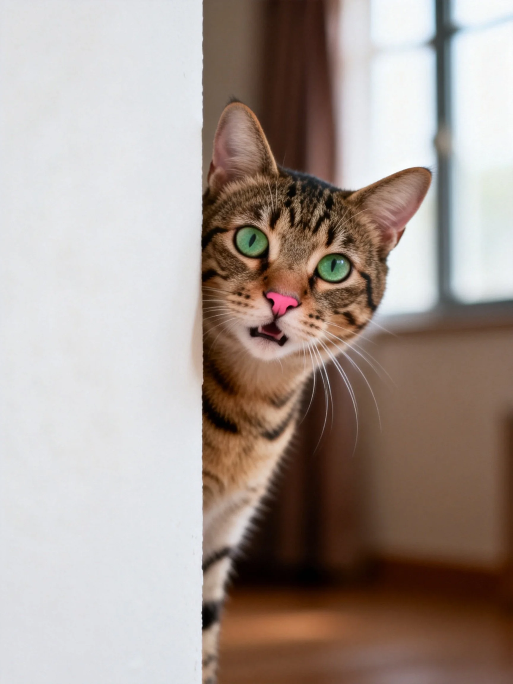 A tabby cat with vivid green eyes peeks from behind a white wall