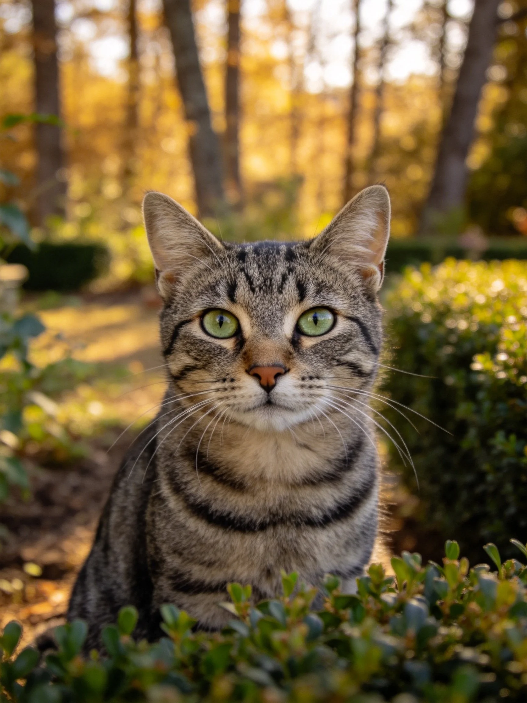 A tabby cat with green eyes is positioned among bushes in a sunlit forest setting.
