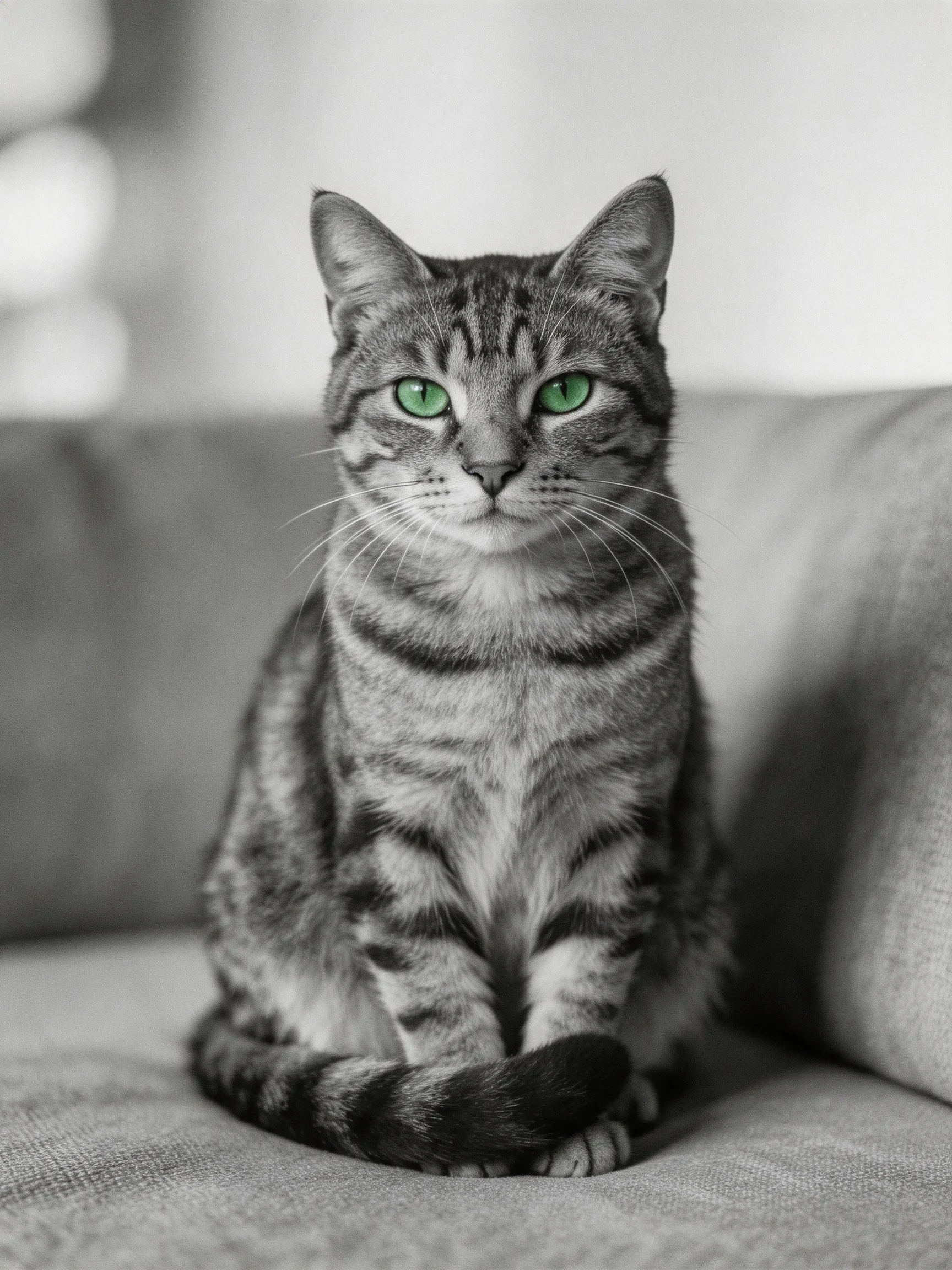 A tabby cat with green eyes sits calmly on a gray sofa.