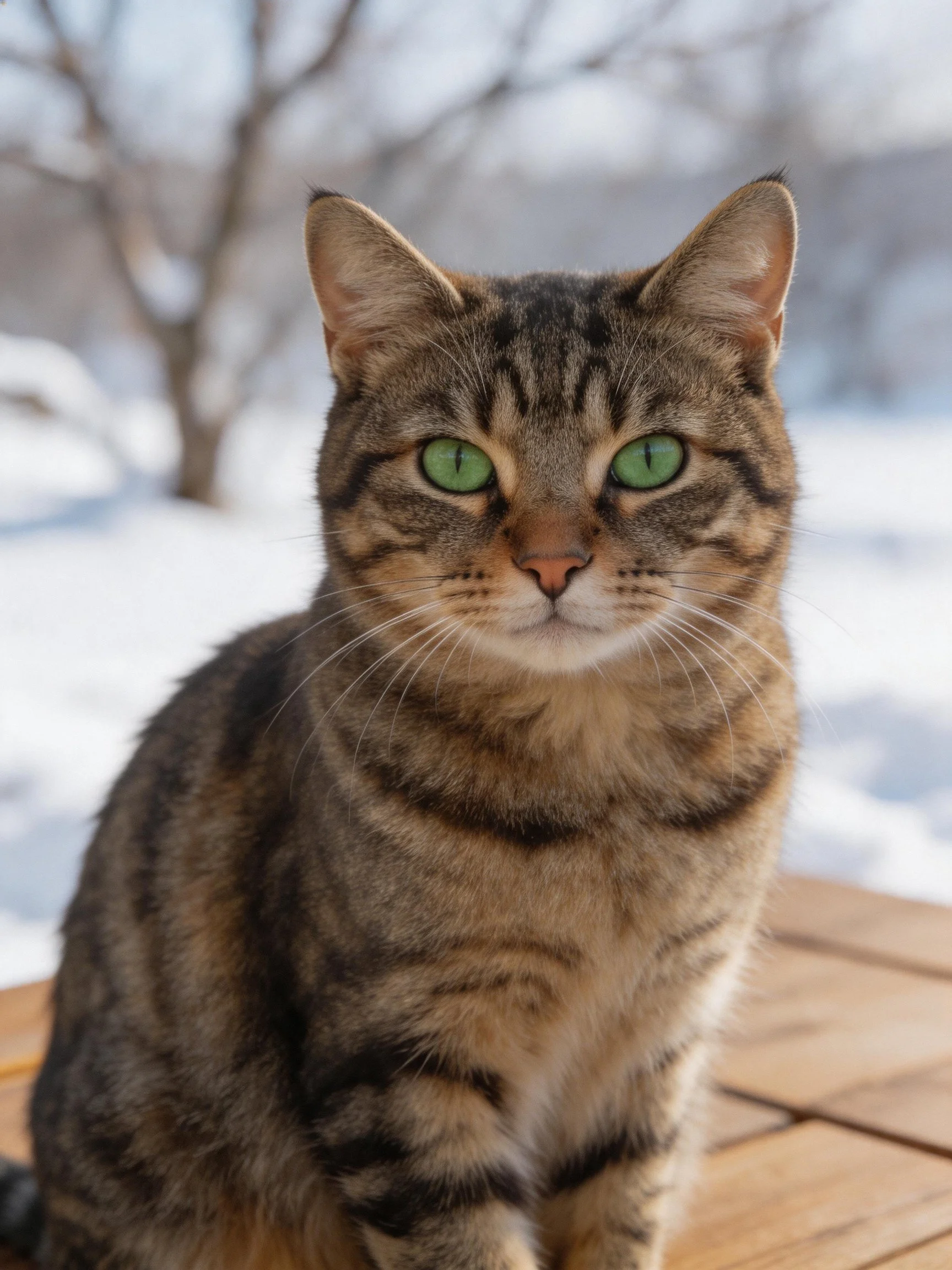 A tabby cat with vivid green eyes sits on a wooden surface near snow