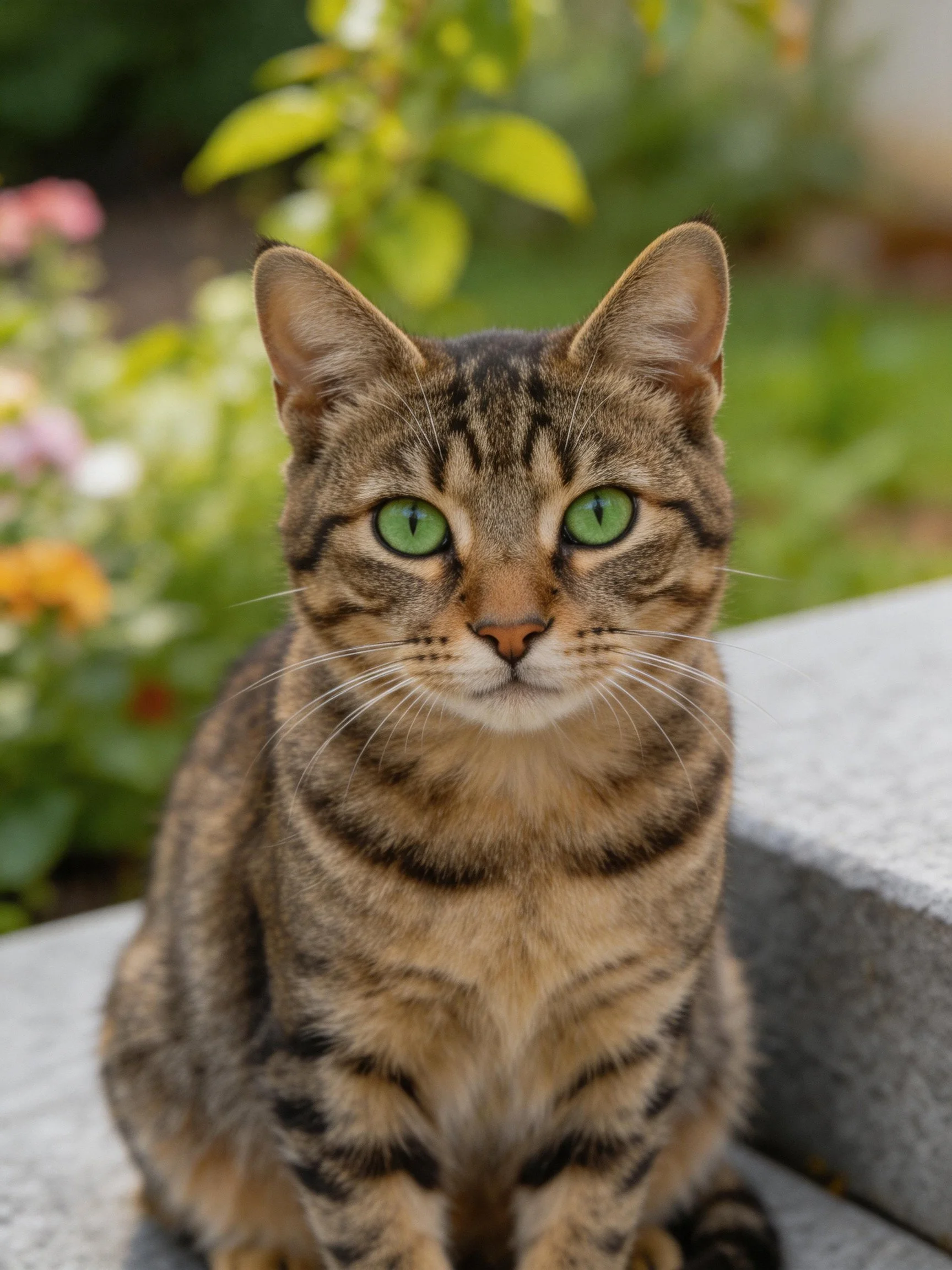 A tabby cat with vivid green eyes sits on stone near flowering plants