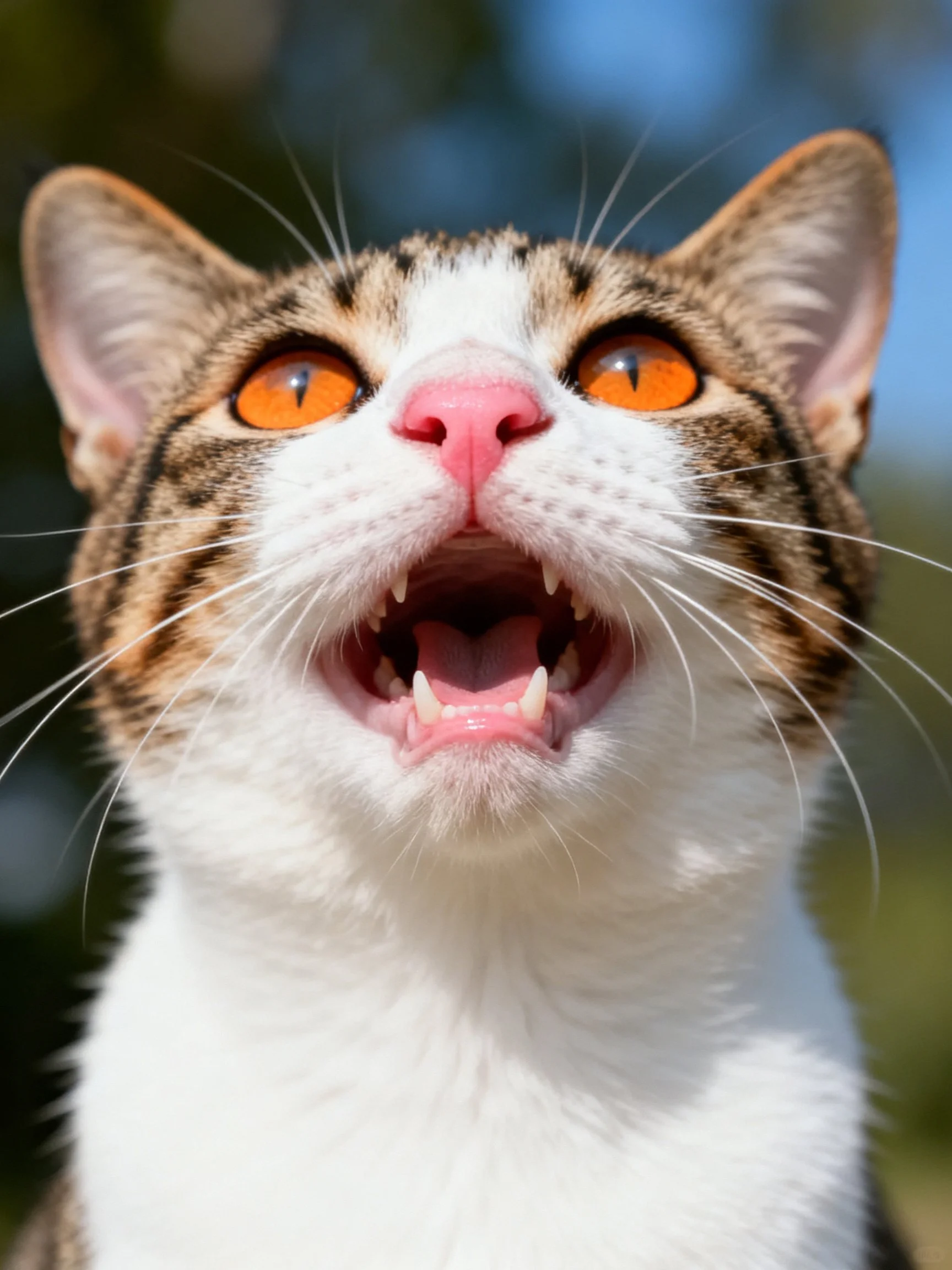 A tabby cat with orange eyes opens its mouth widely.