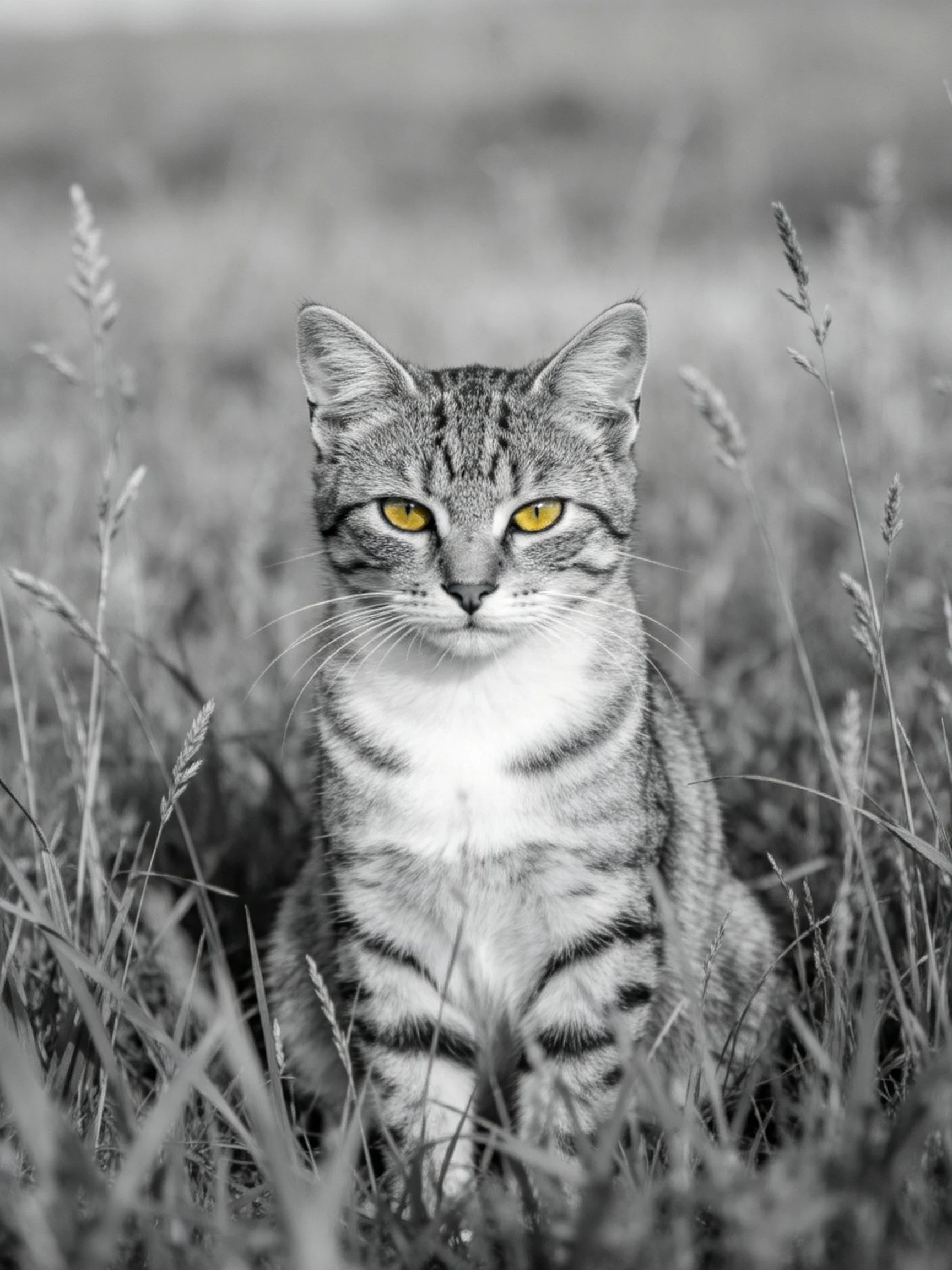 Tabby cat with yellow eyes sits among tall grass in a monochrome scene.