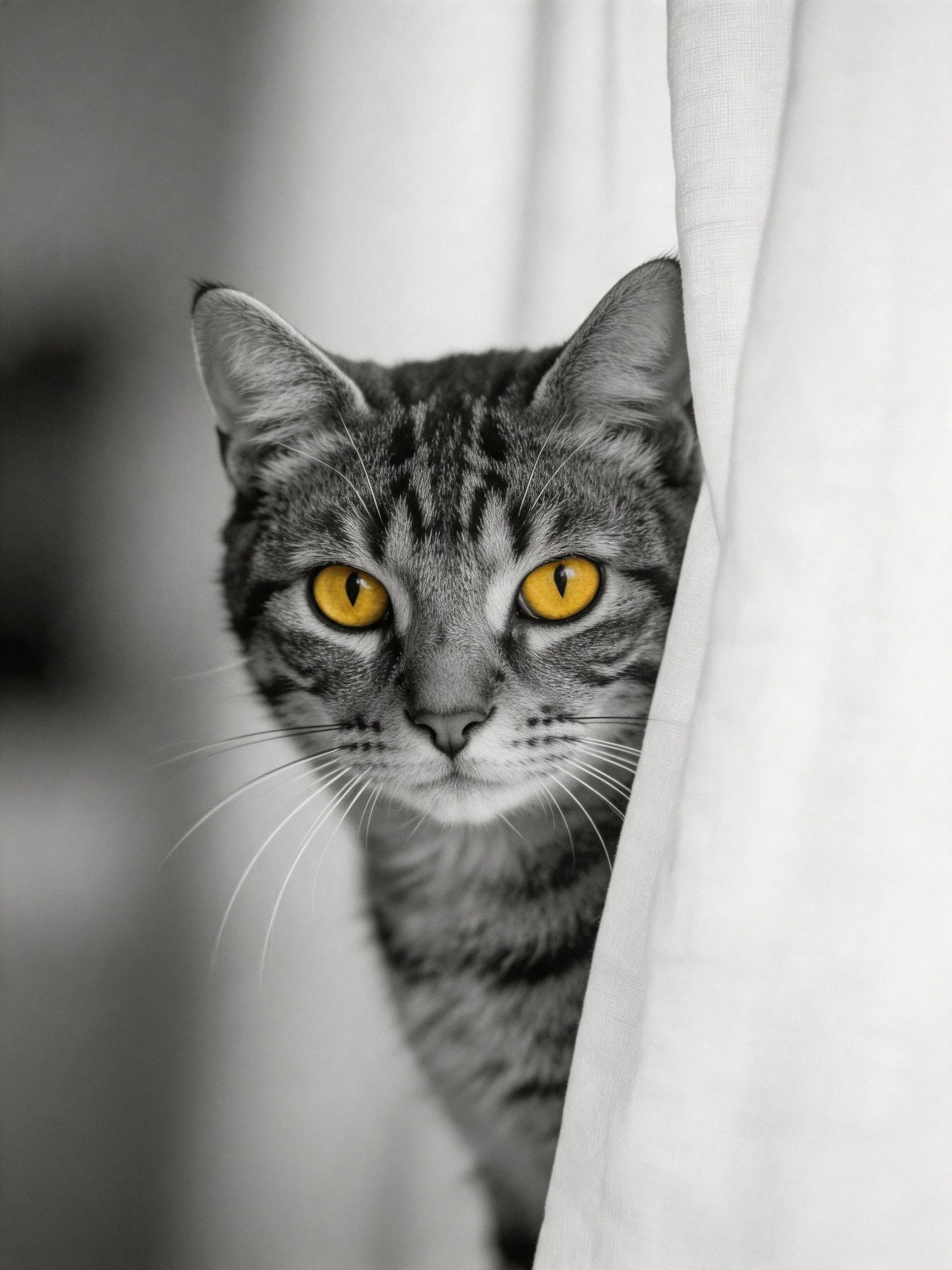 A tabby cat with bright yellow eyes is partially hidden by a white curtain.