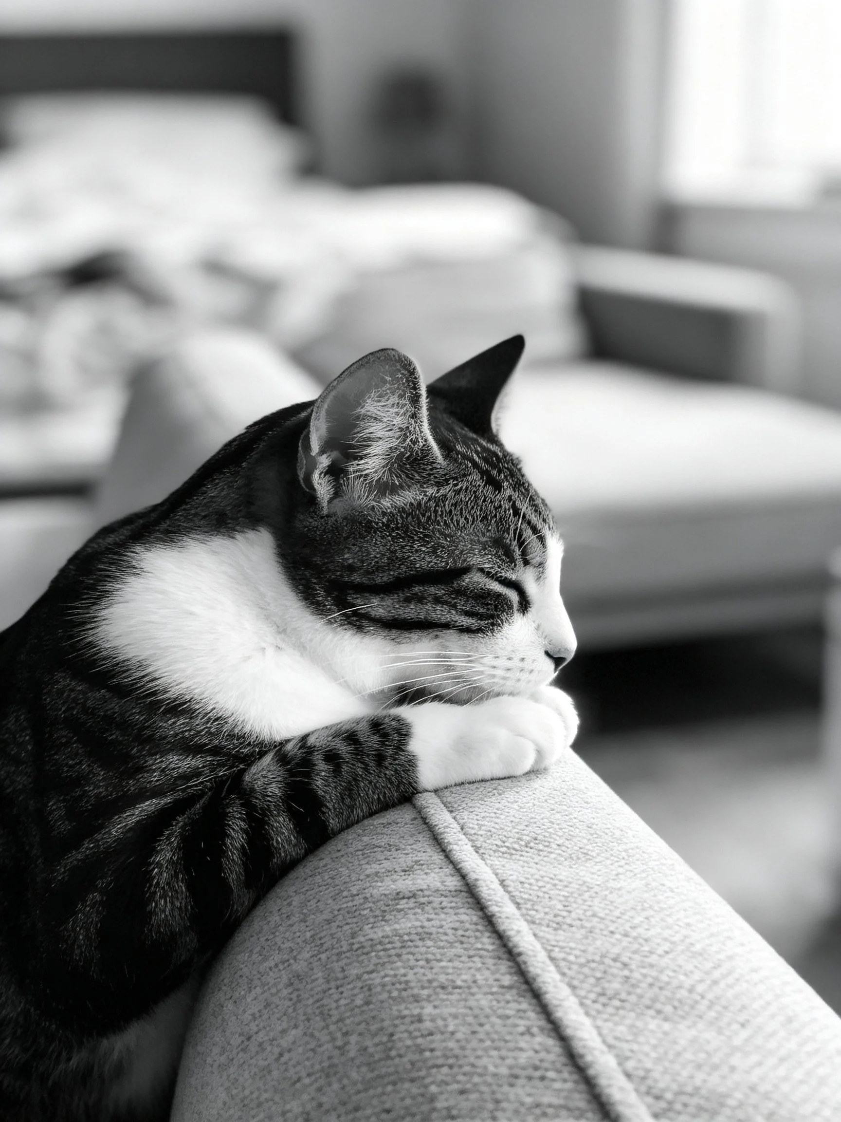 A tabby cat with white chest rests on a sofa armrest